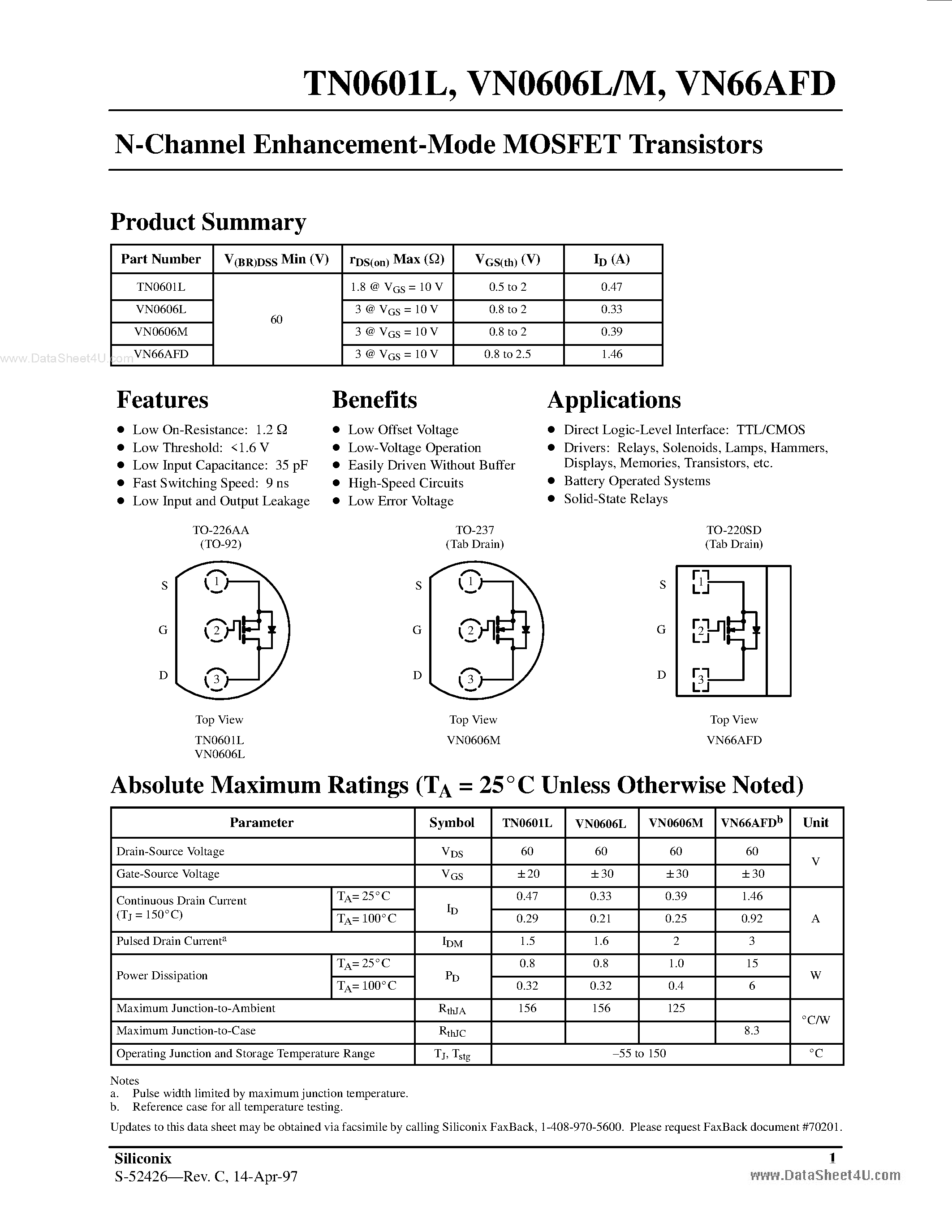 Даташит VN0606M - N-Channel Enhancement Mode MOSFET Transistors страница 1