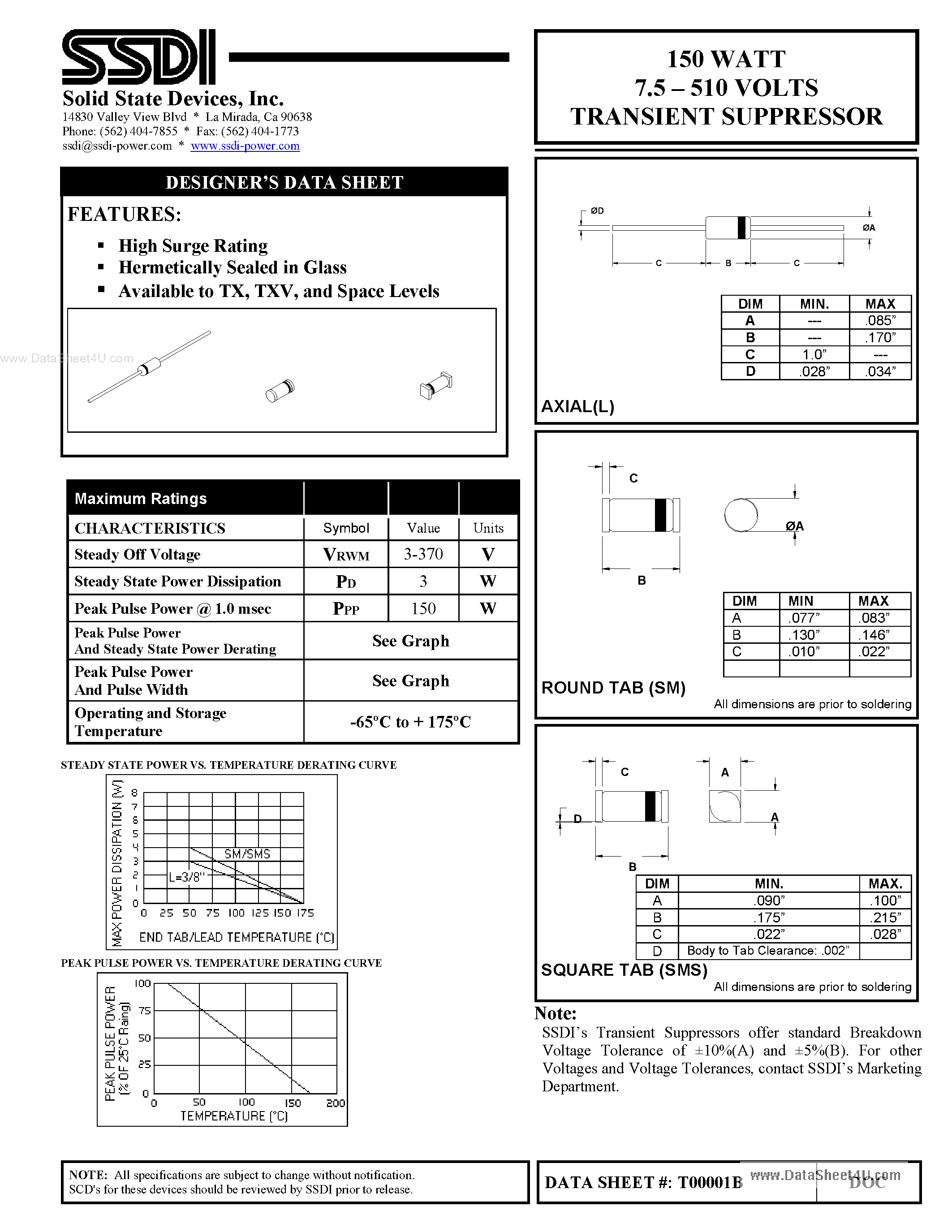 Datasheet ST150Axx - 150 WATT 7.5 - 510 VOLTS TRANSIENT SUPPRESSOR page 1