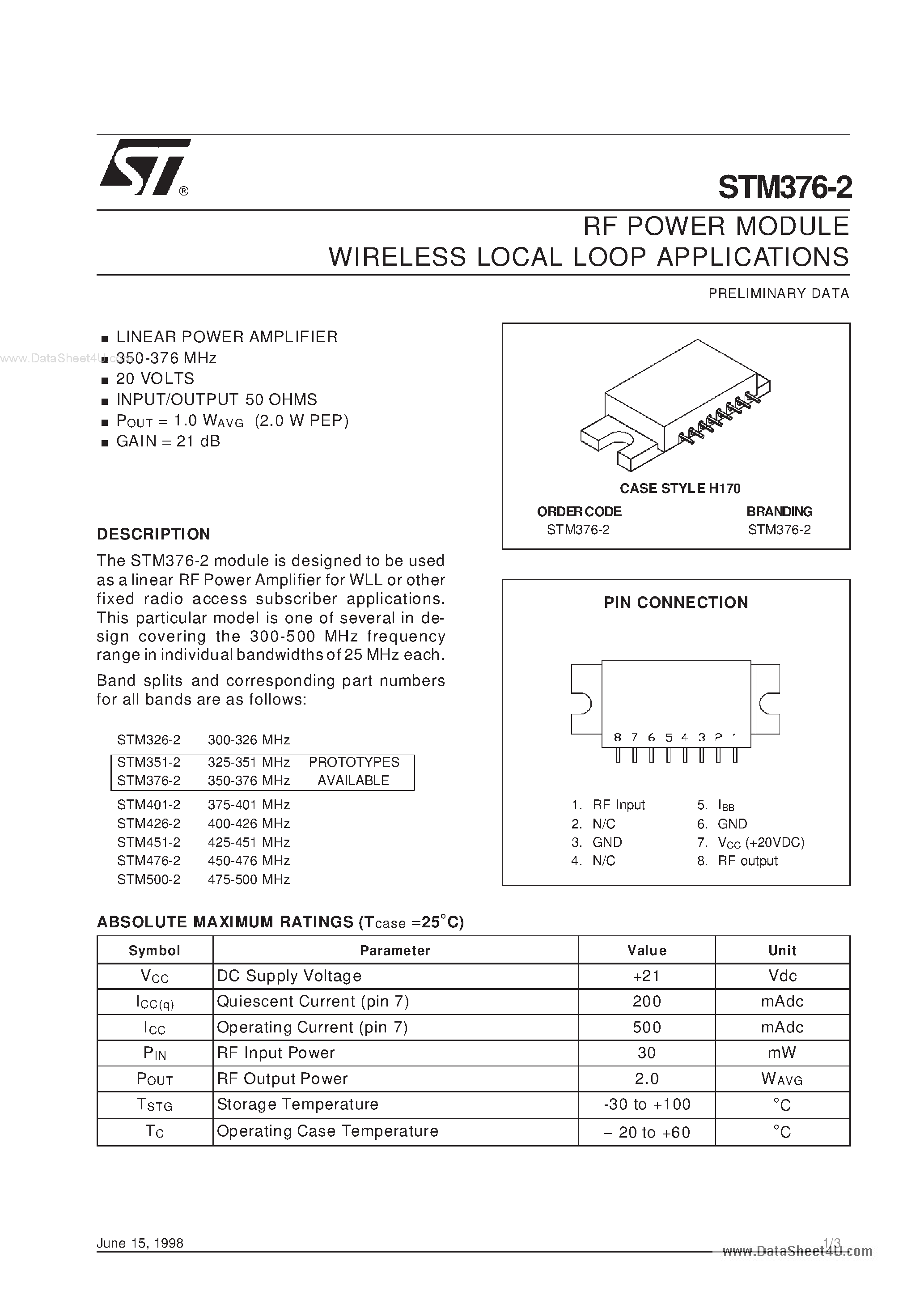 Даташит на микросхему STM326-2 страница 1 Даташит STM326-2 - RF POWER MODULE WIRELESS LOCAL LOOP APPLICATIONS страница 1