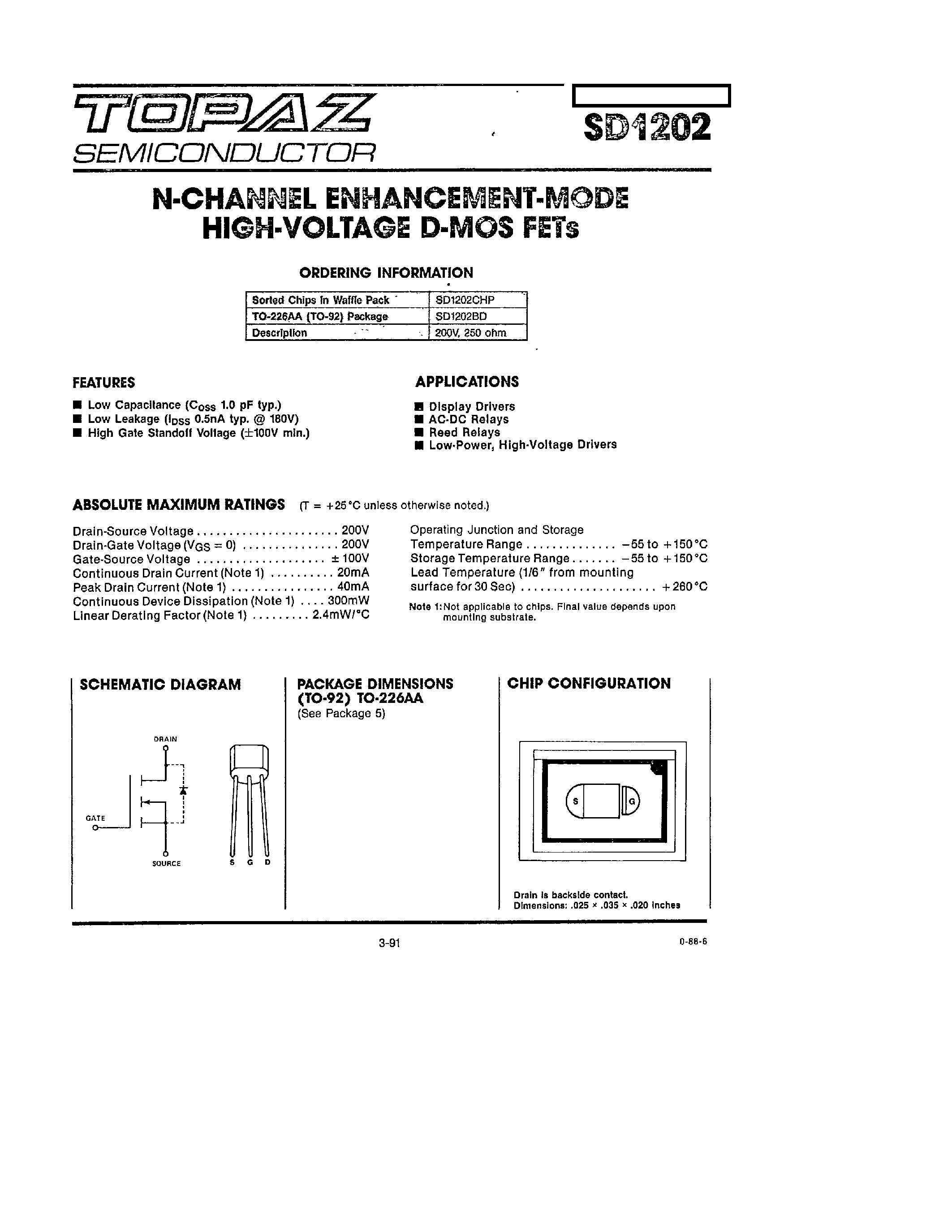 Datasheet SD1202 - N-CHANNEL ENHANCEMENT - MODE HIGH - VOLTAGE D-MOS FETS page 1