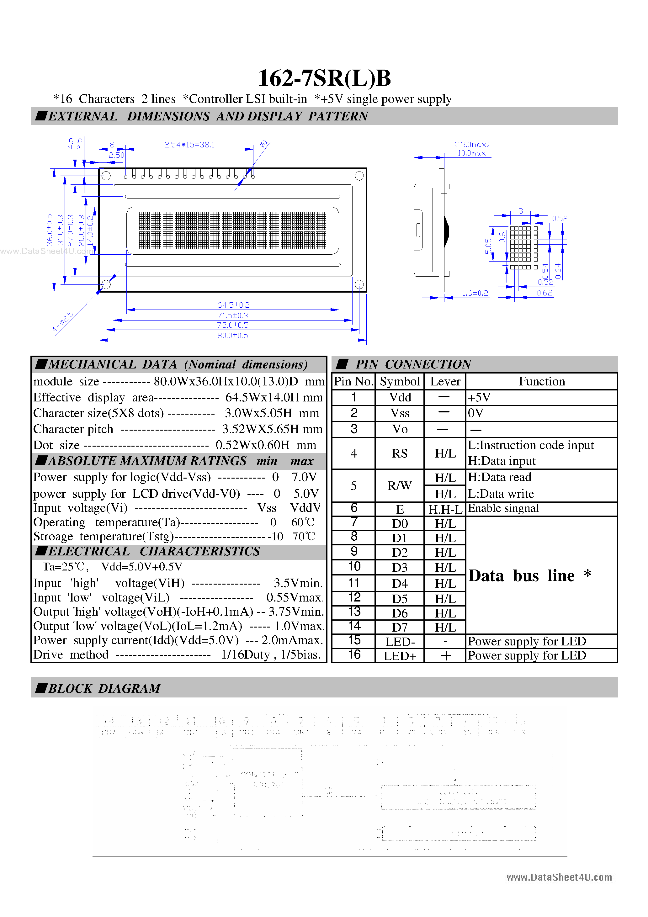 Datasheet RT162-7SR(L)B - LCD Module page 1