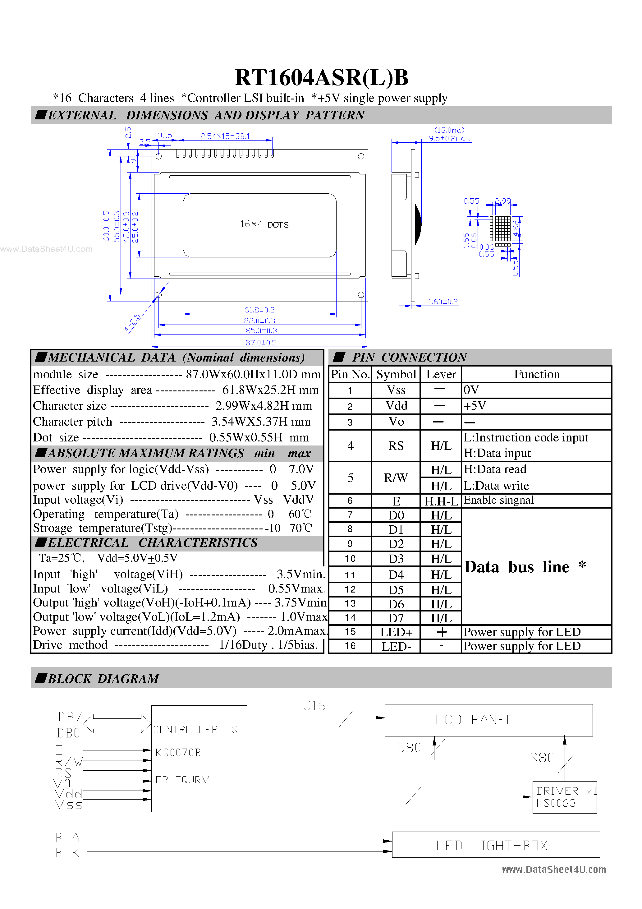 Datasheet RT1604ASR(L)B - LCD Module page 1