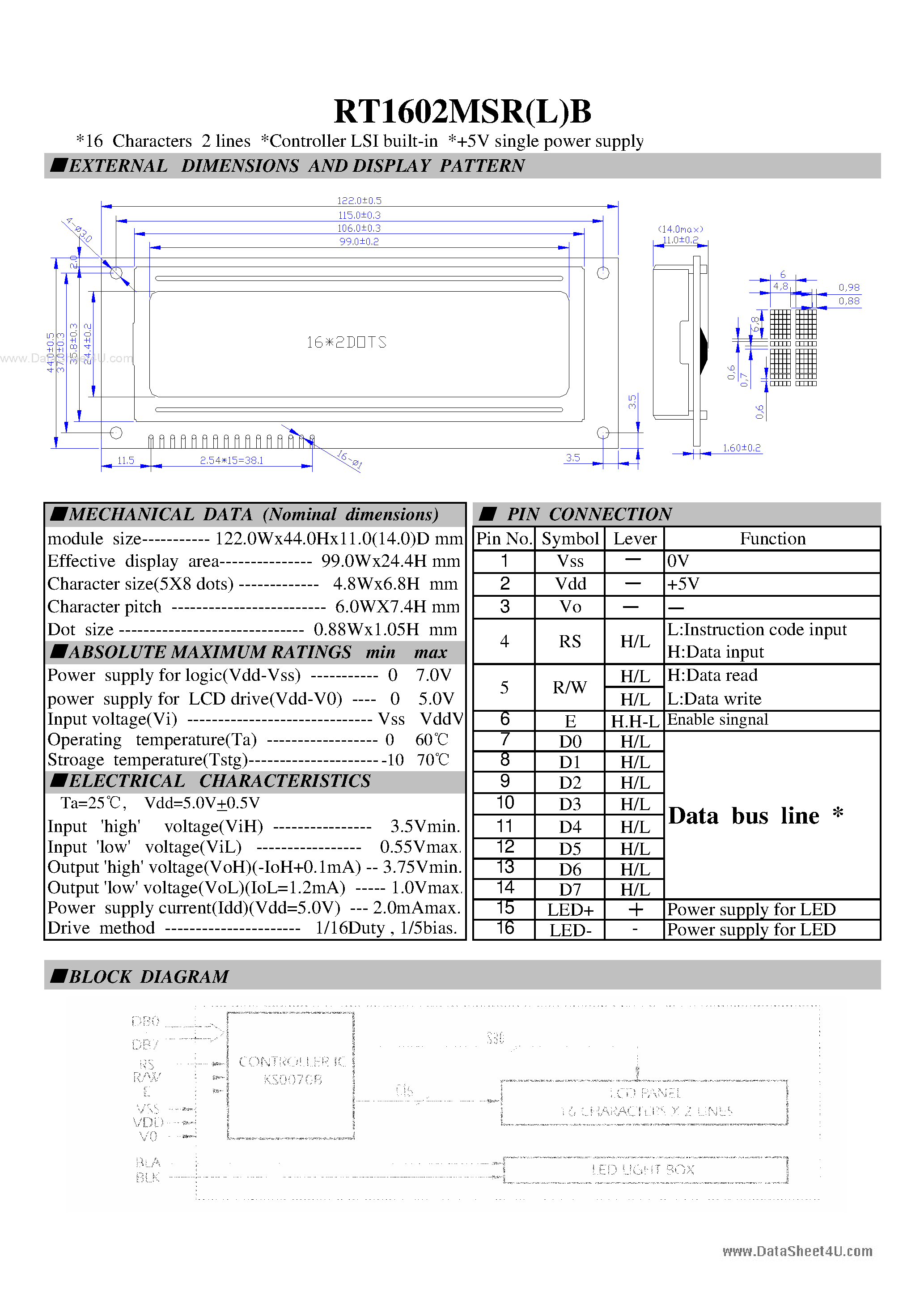 Datasheet RT1602MSR(L)B - LCD Module page 1