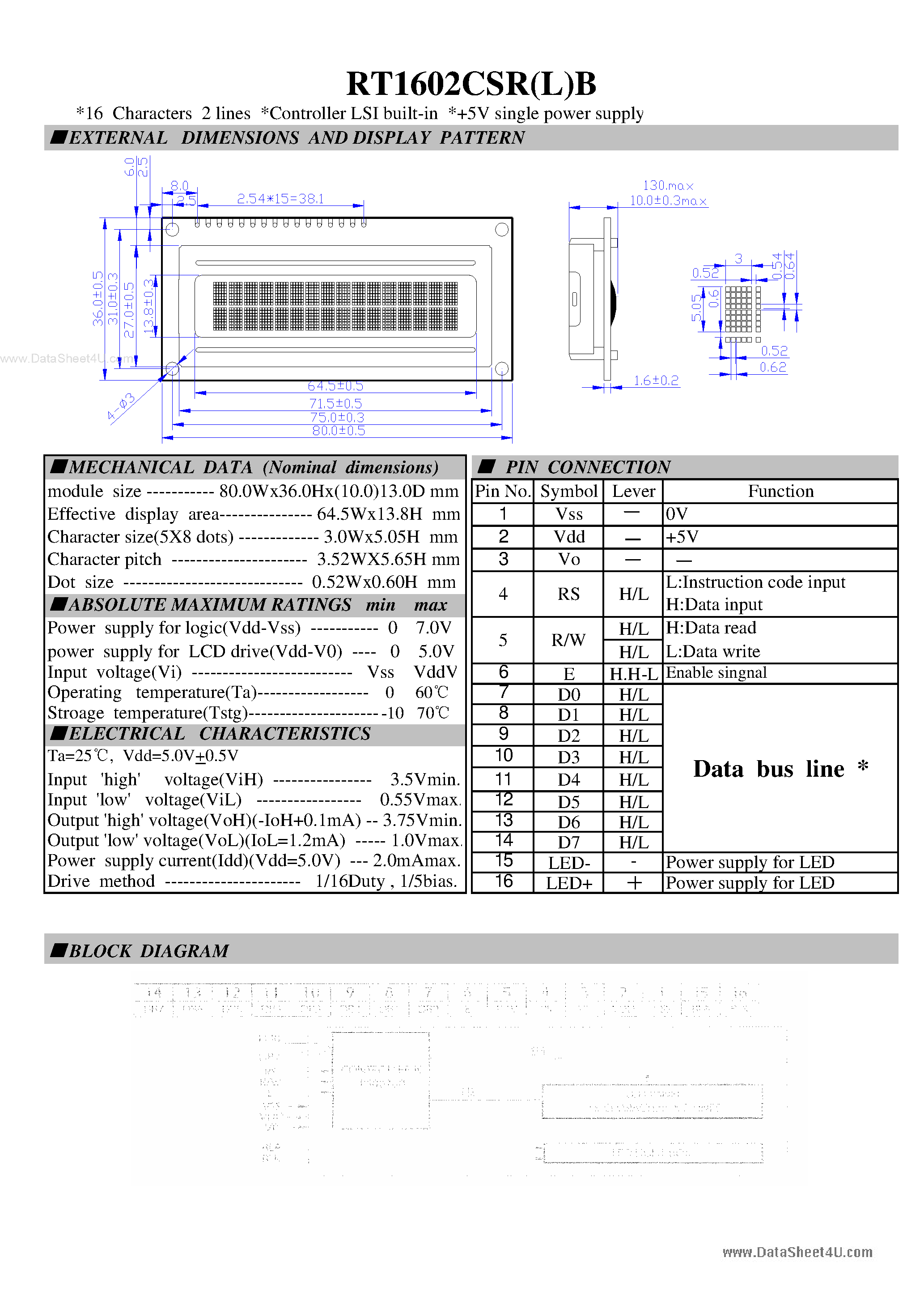 Datasheet RT1602CSR(L)B - LCD Module page 1