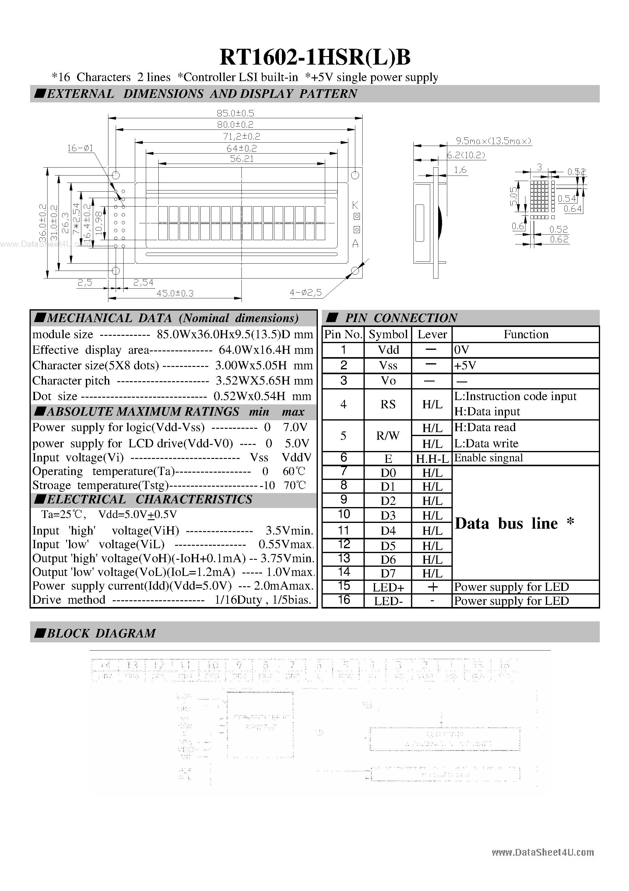 Datasheet RT1602-1HSR(L)B - LCD Module page 1