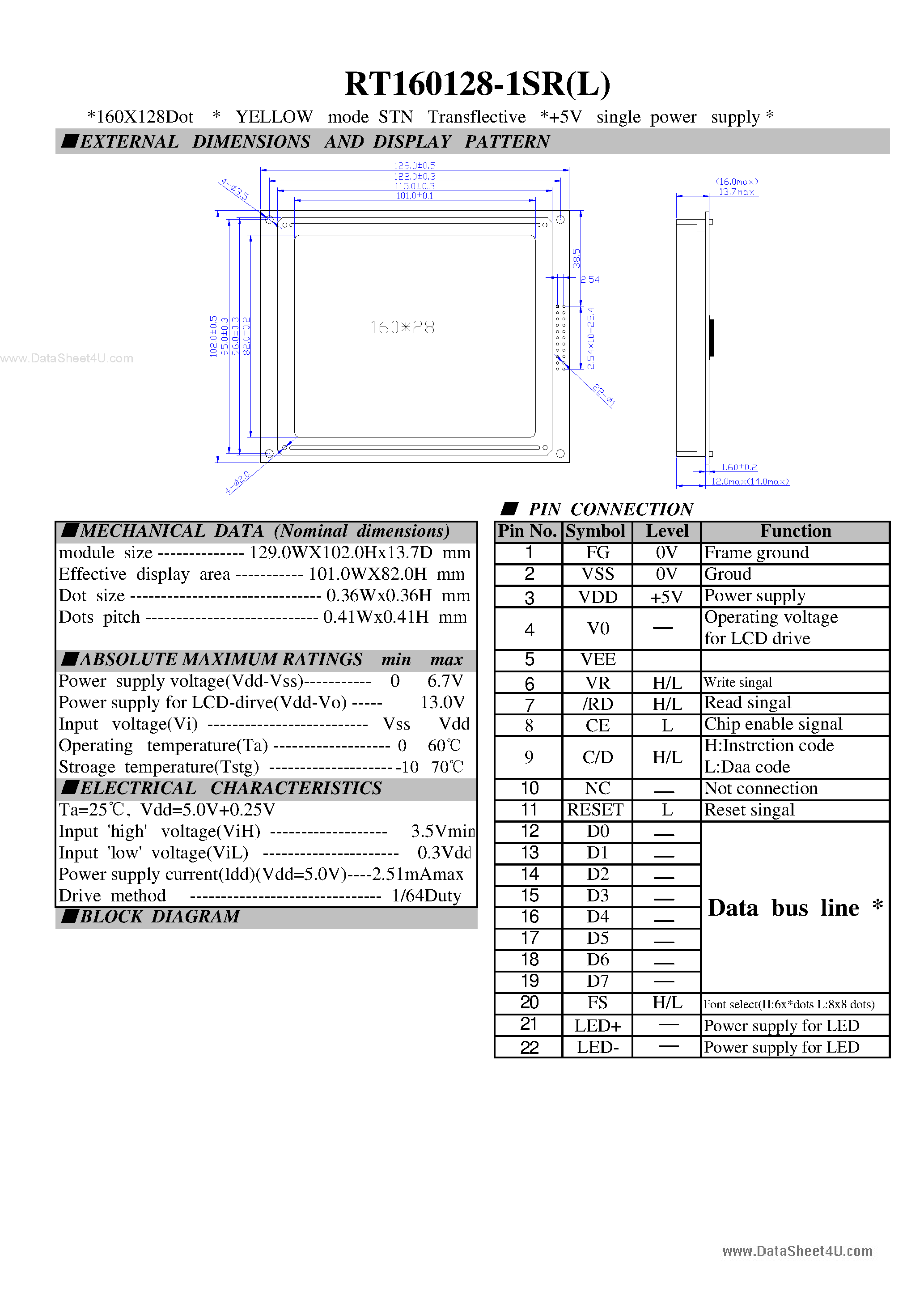 Datasheet RT160128-1SR(L) - LCD Module page 1