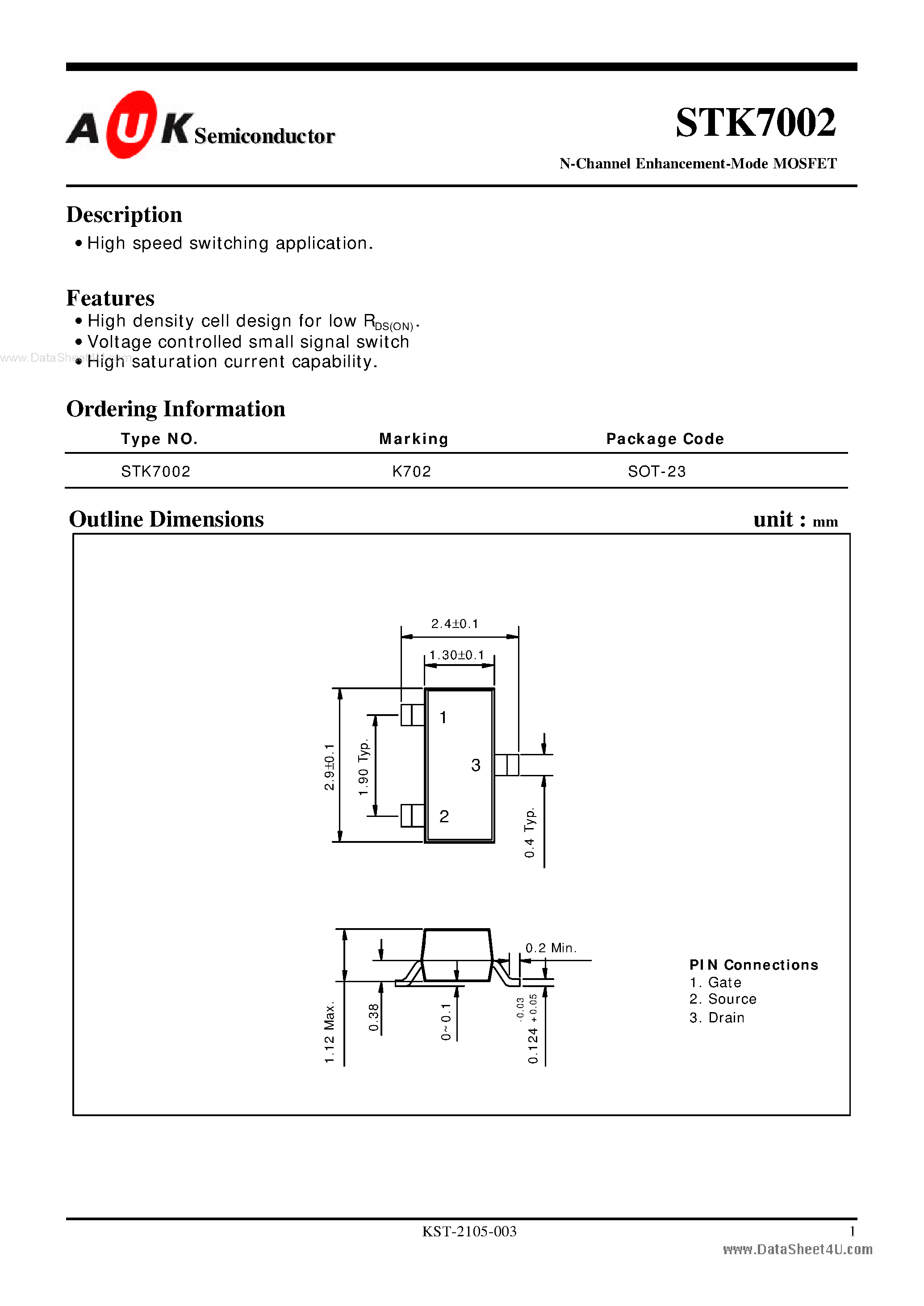 Datasheet STK7002 - N-Channel Enhancement-Mode MOSFET page 1