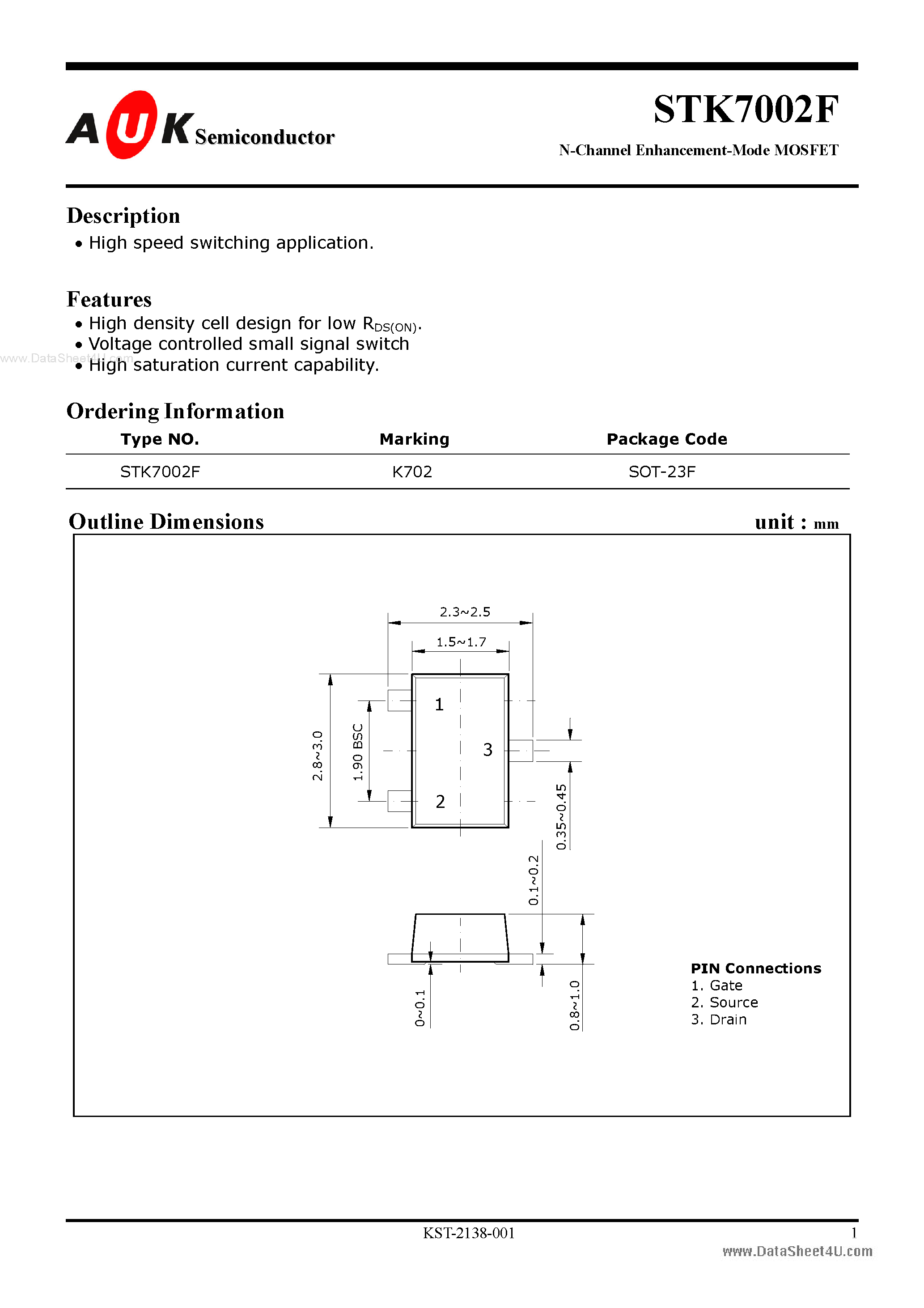 Datasheet STK7002F - N-Channel Enhancement-Mode MOSFET page 1