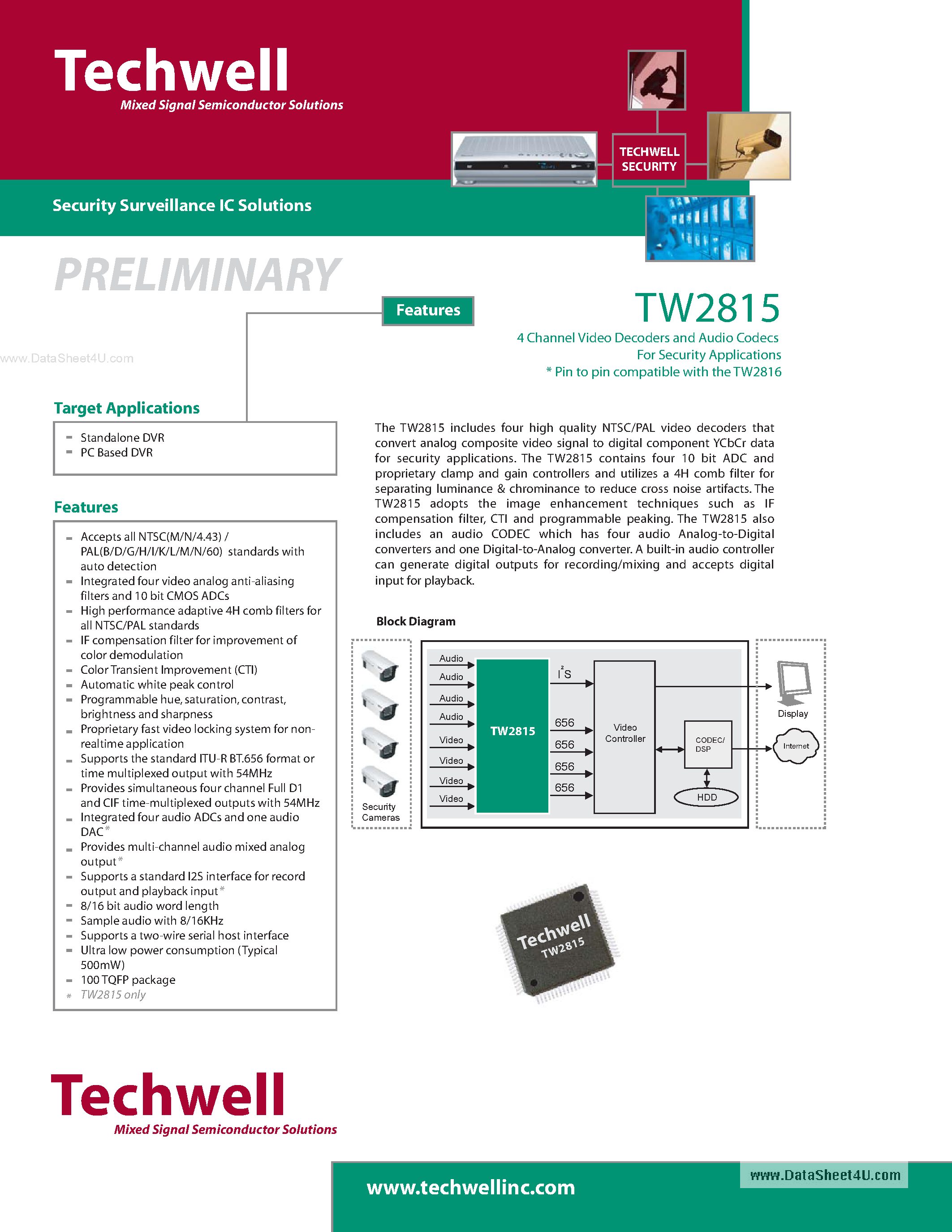 Datasheet TW2815 - 4 Channel Video Decoders and Audio Codecs page 1