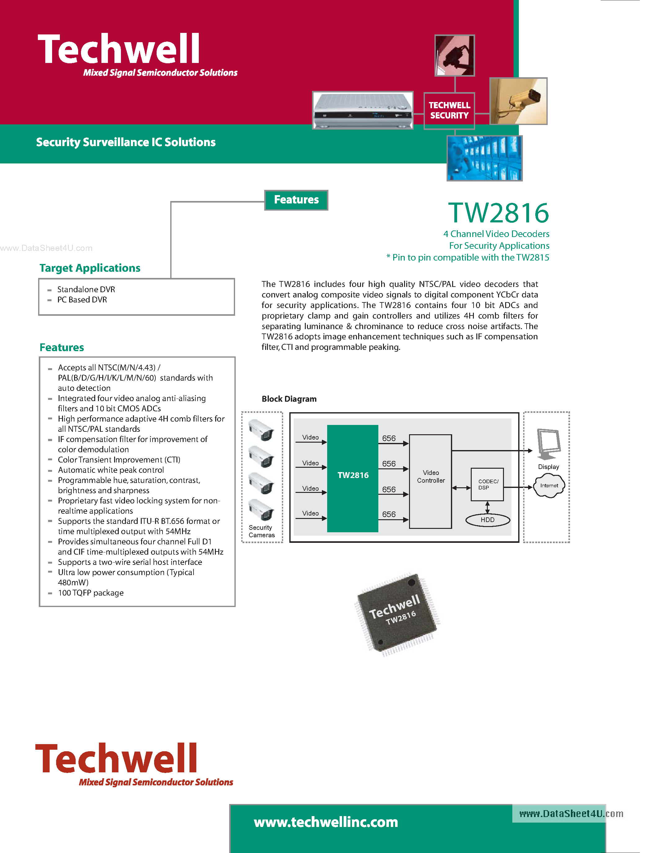 Datasheet TW2816 - 4 Channel Video Decoders and Audio Codecs page 1