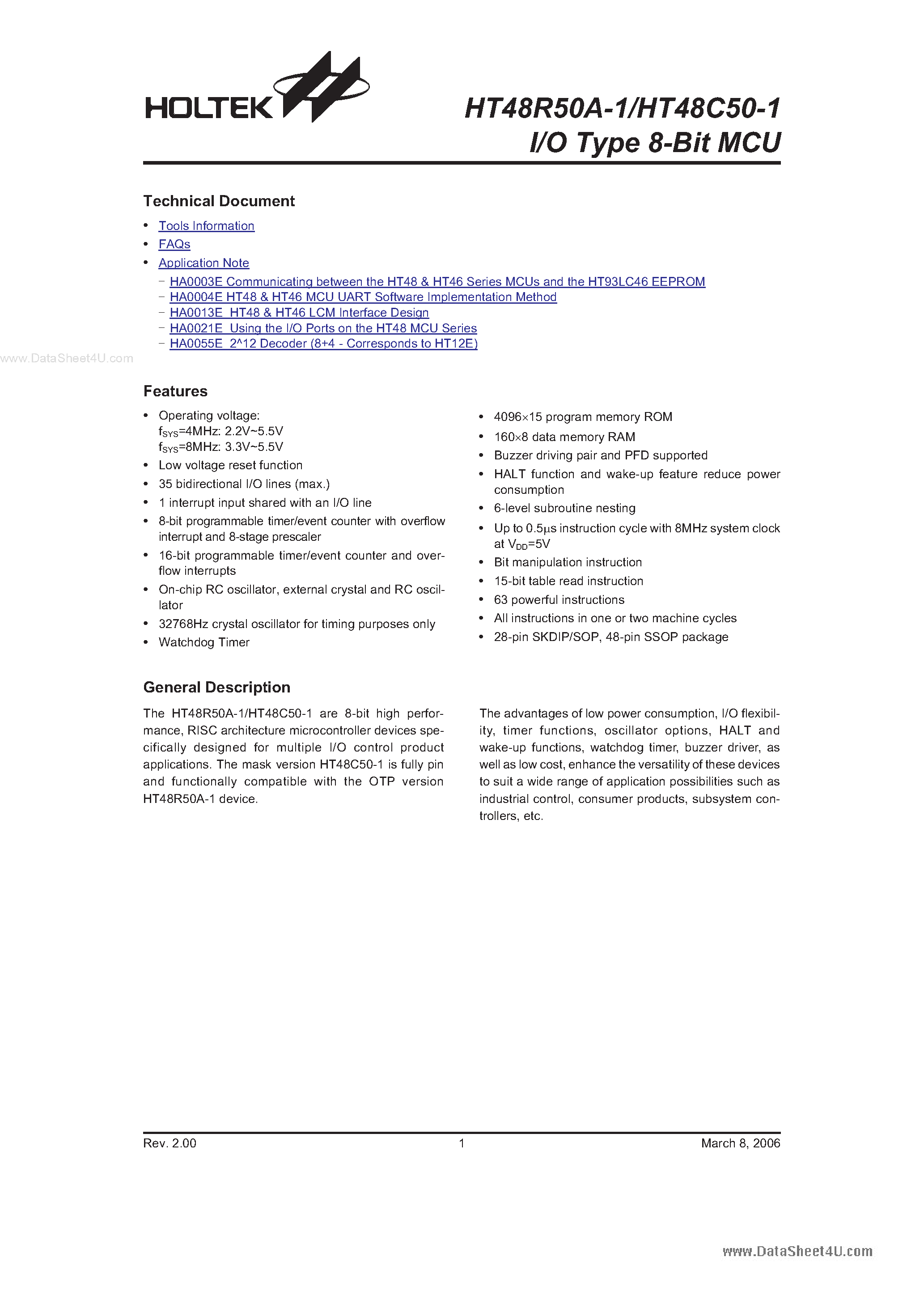 Даташит HT48C50A-1 - (HT48R50A-1 / HT48C50A-1) I/O Type 8-Bit MCU страница 1