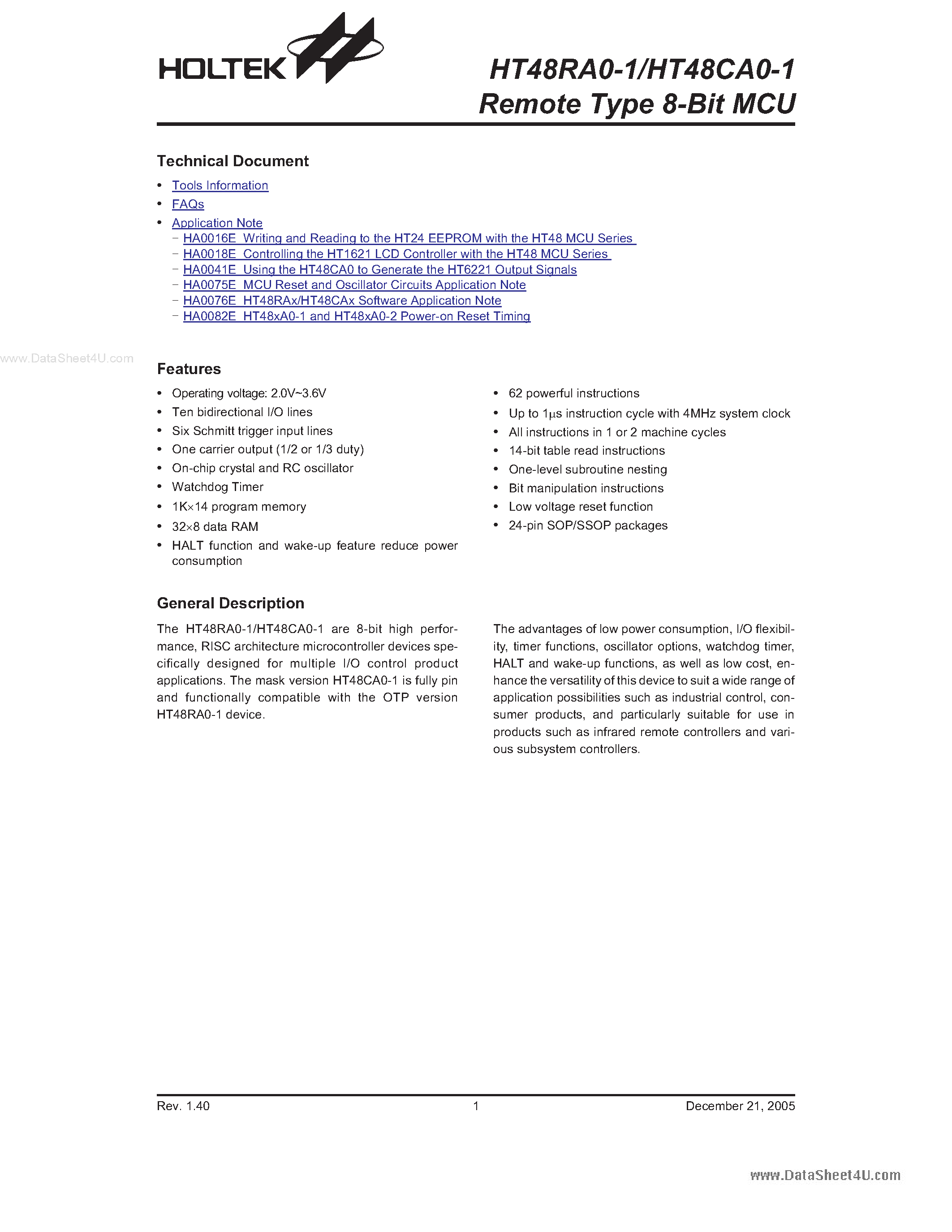 Даташит HT48CA0-1 - (HT48RA0-1 / HT48CA0-1) Remote Type 8-Bit MCU страница 1