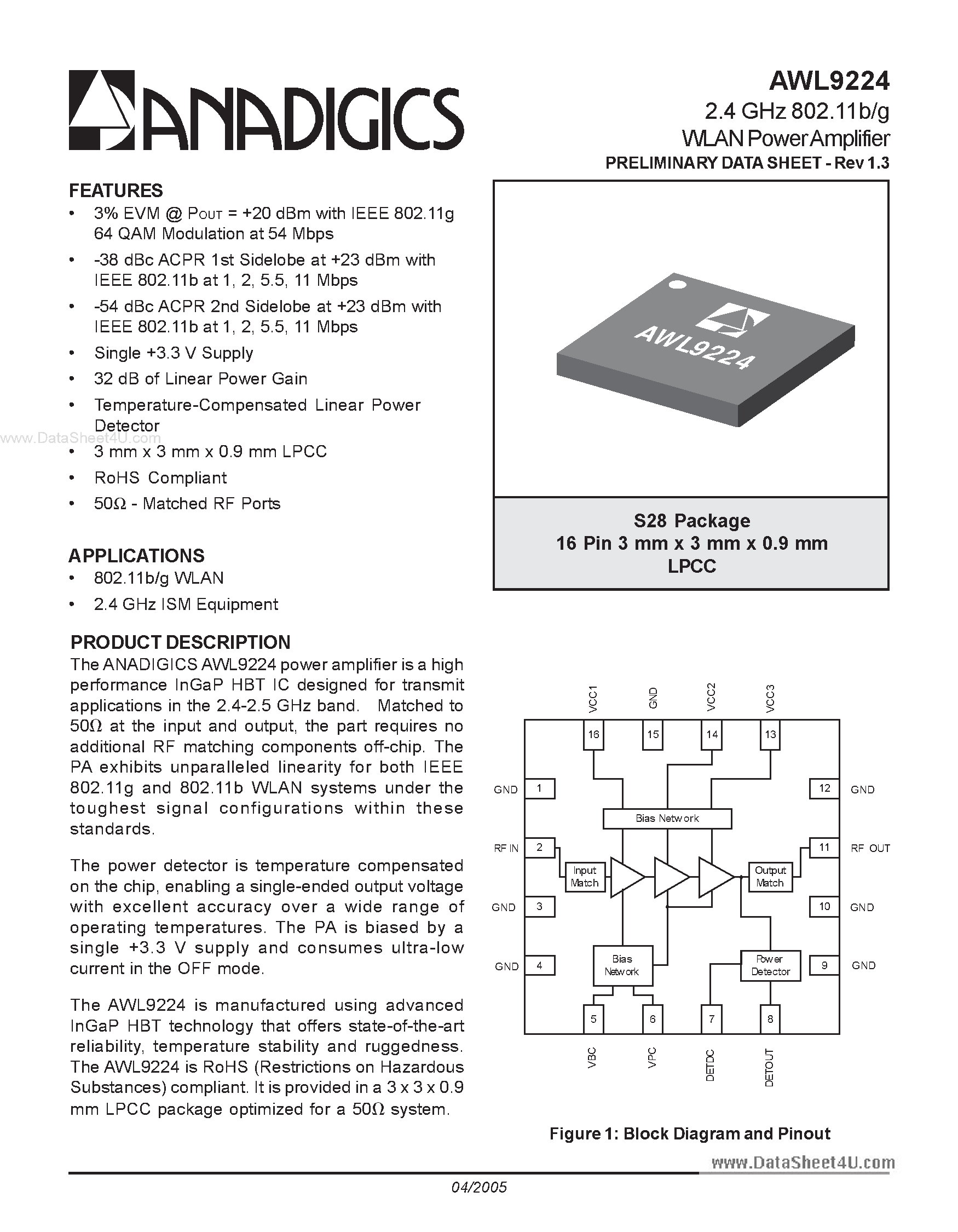 Datasheet AWL9224 - 2.4 GHz 802.11b/g WLAN Power Amplifier page 1