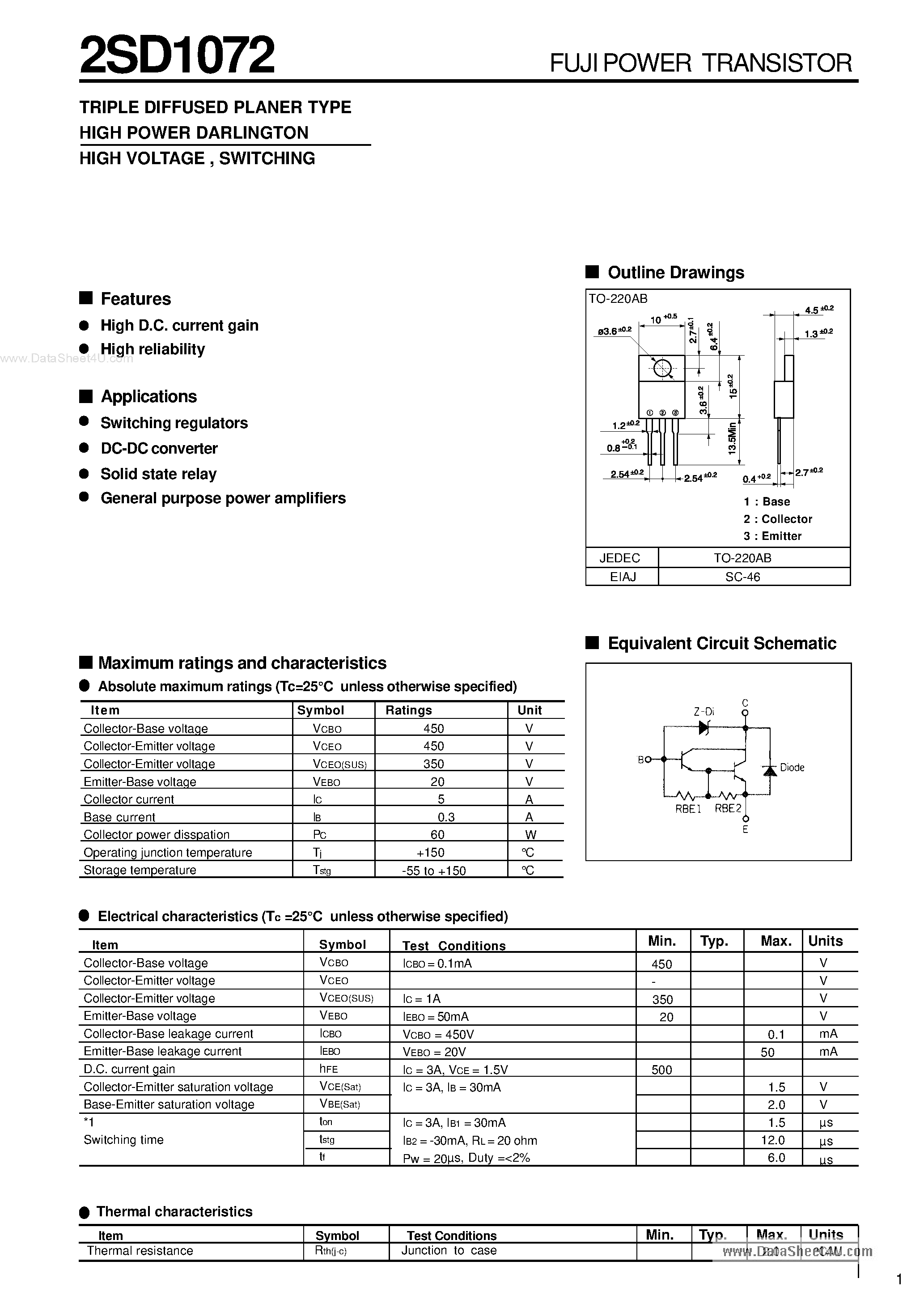 Datasheet 2SD1072 - Power Transistor page 1