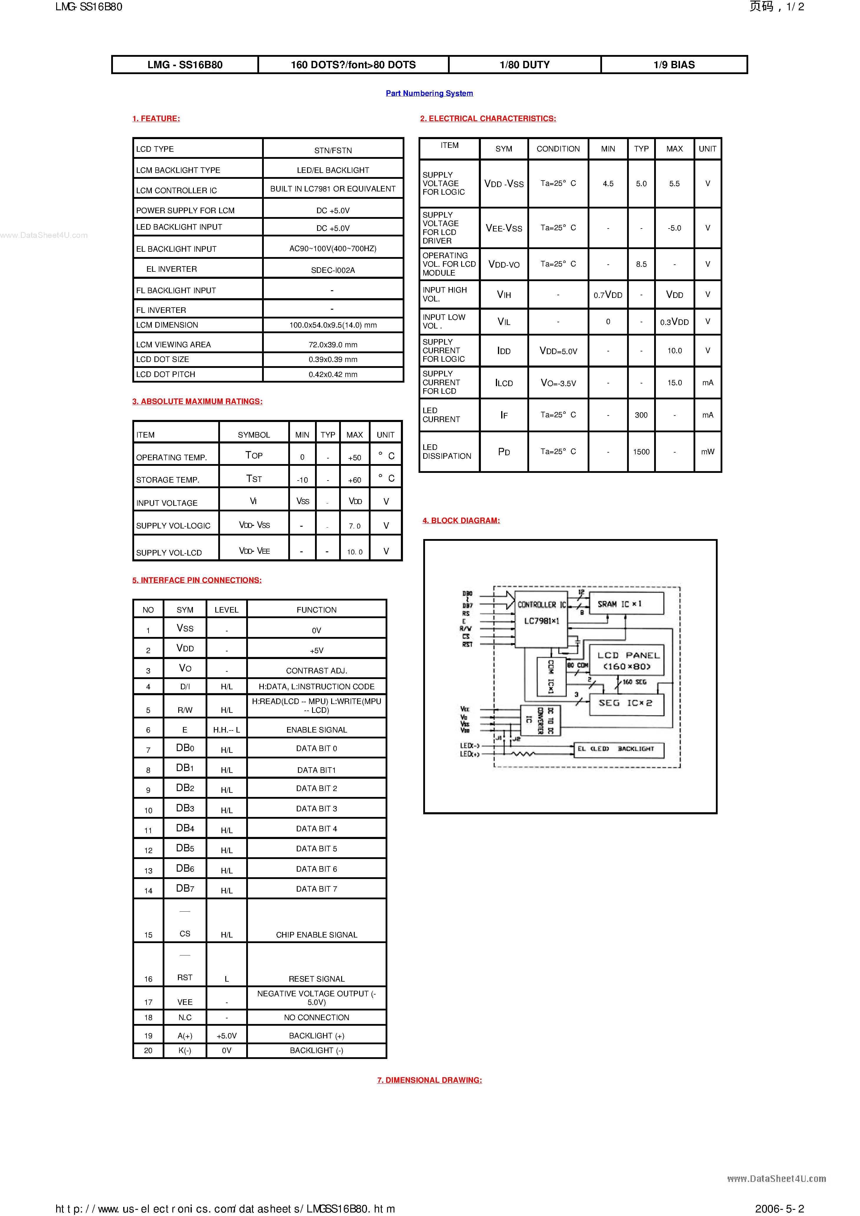 Datasheet LMG-SS16B80 - LCD Module page 1