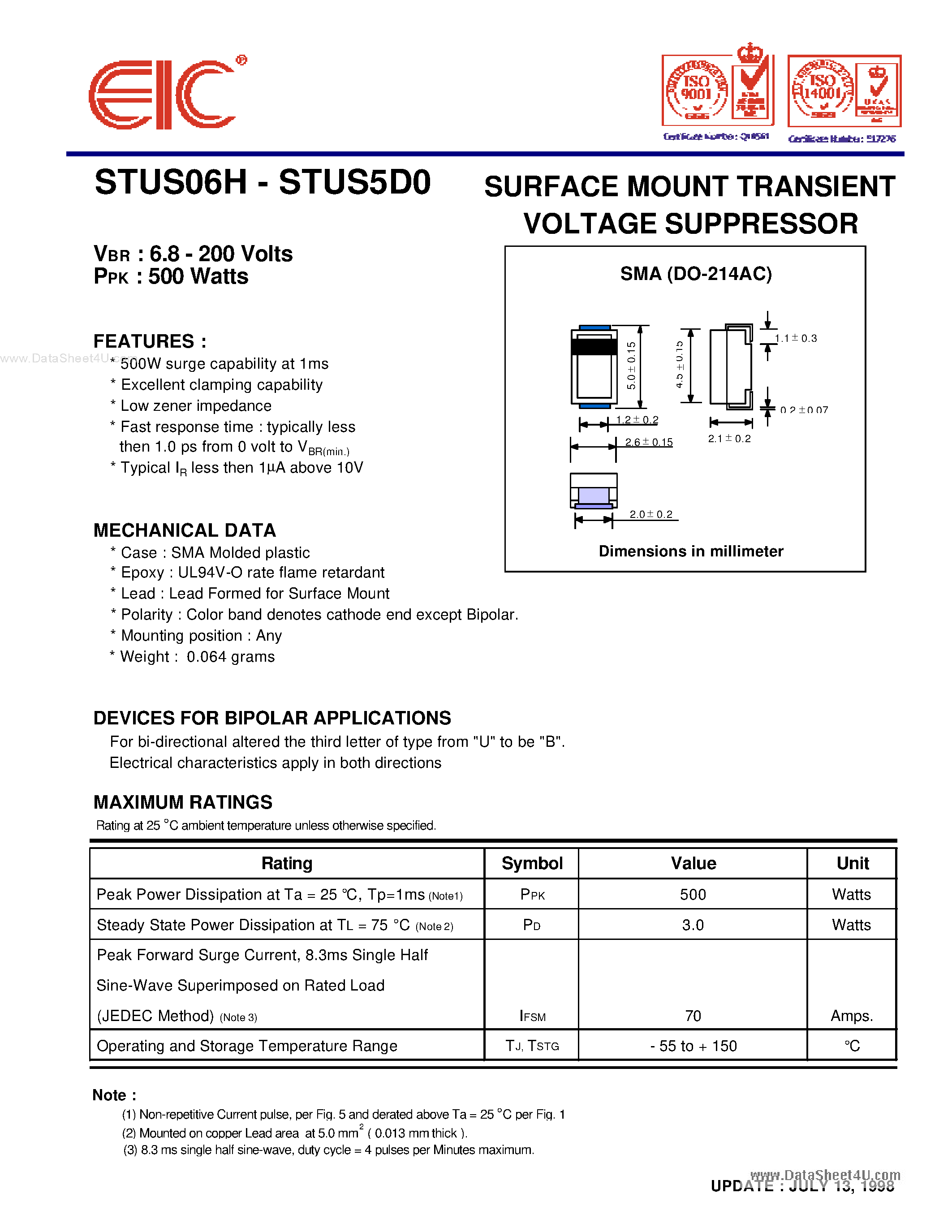 Даташит STUSxxx - SURFACE MOUNT TRANSIENT VOLTAGE SUPPRESSOR страница 1