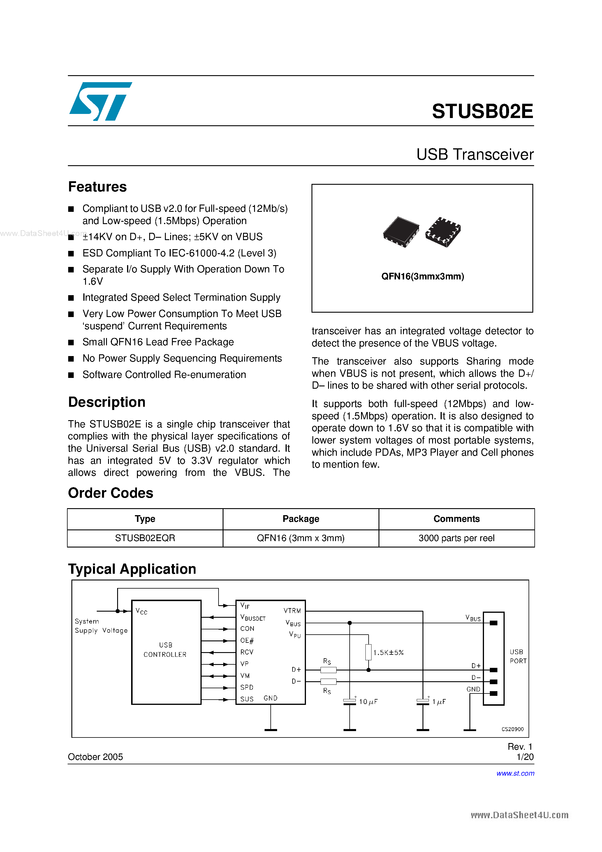 Даташит STUSB02E - USB Transceiver страница 1