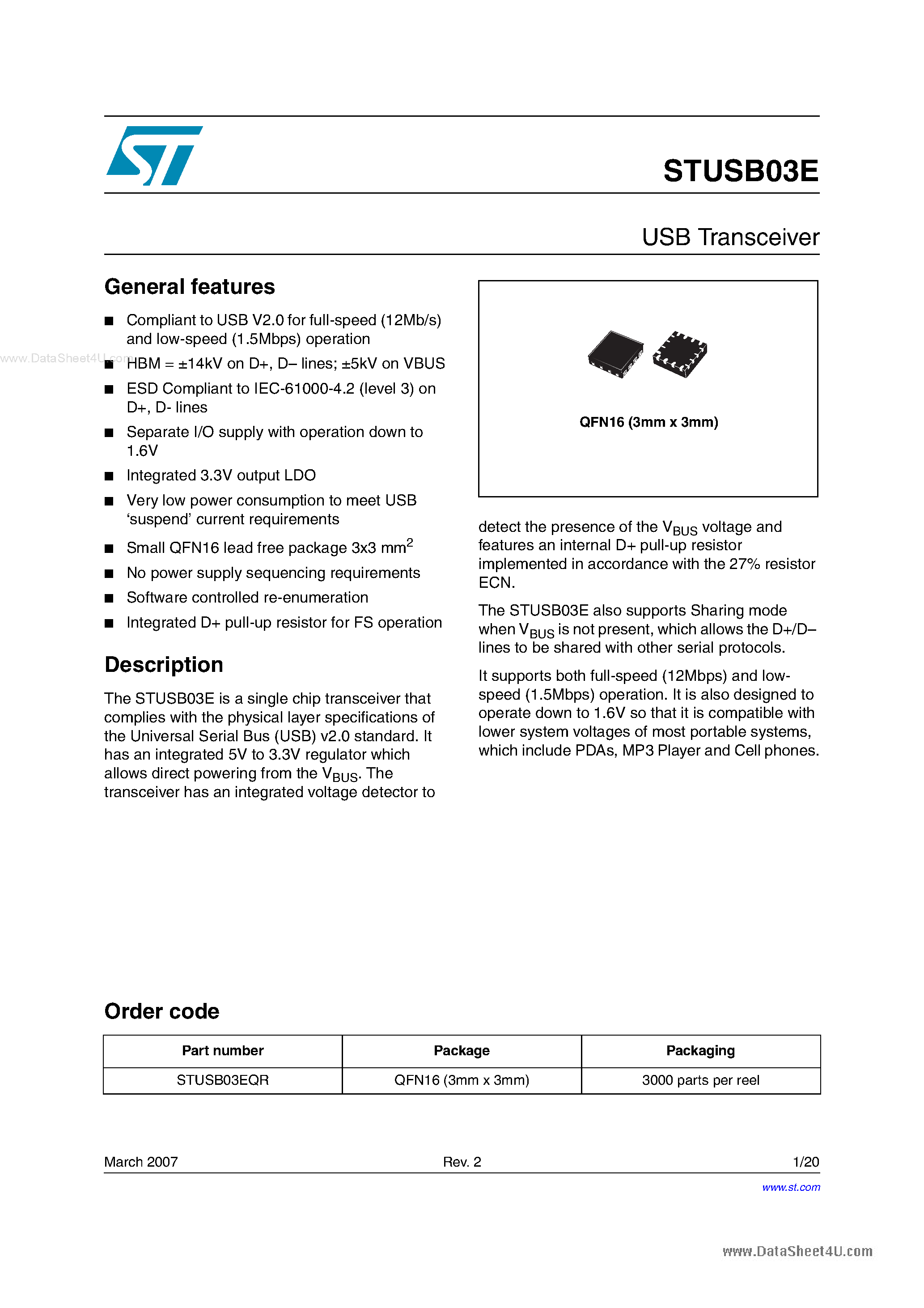 Даташит STUSB03E - USB Transceiver страница 1