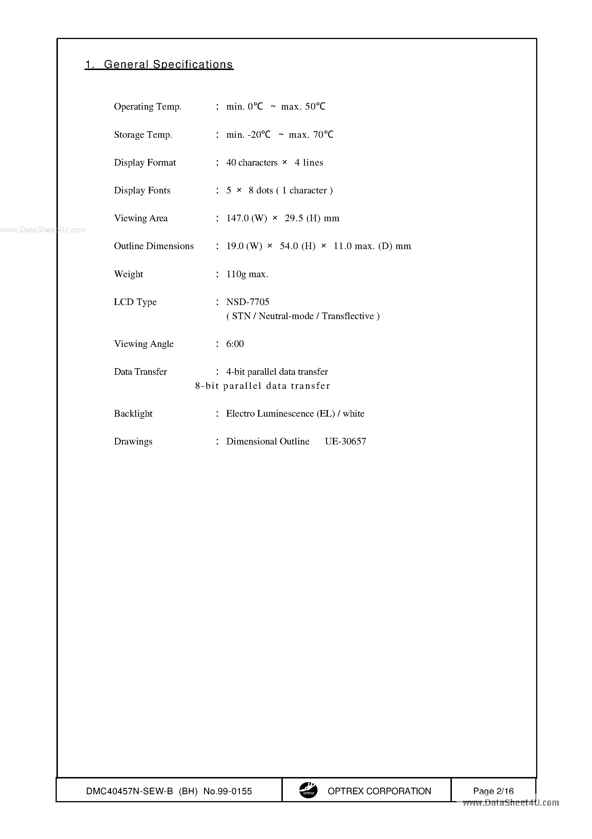 Datasheet DMC40457N-SEW-B - LCD Module page 2