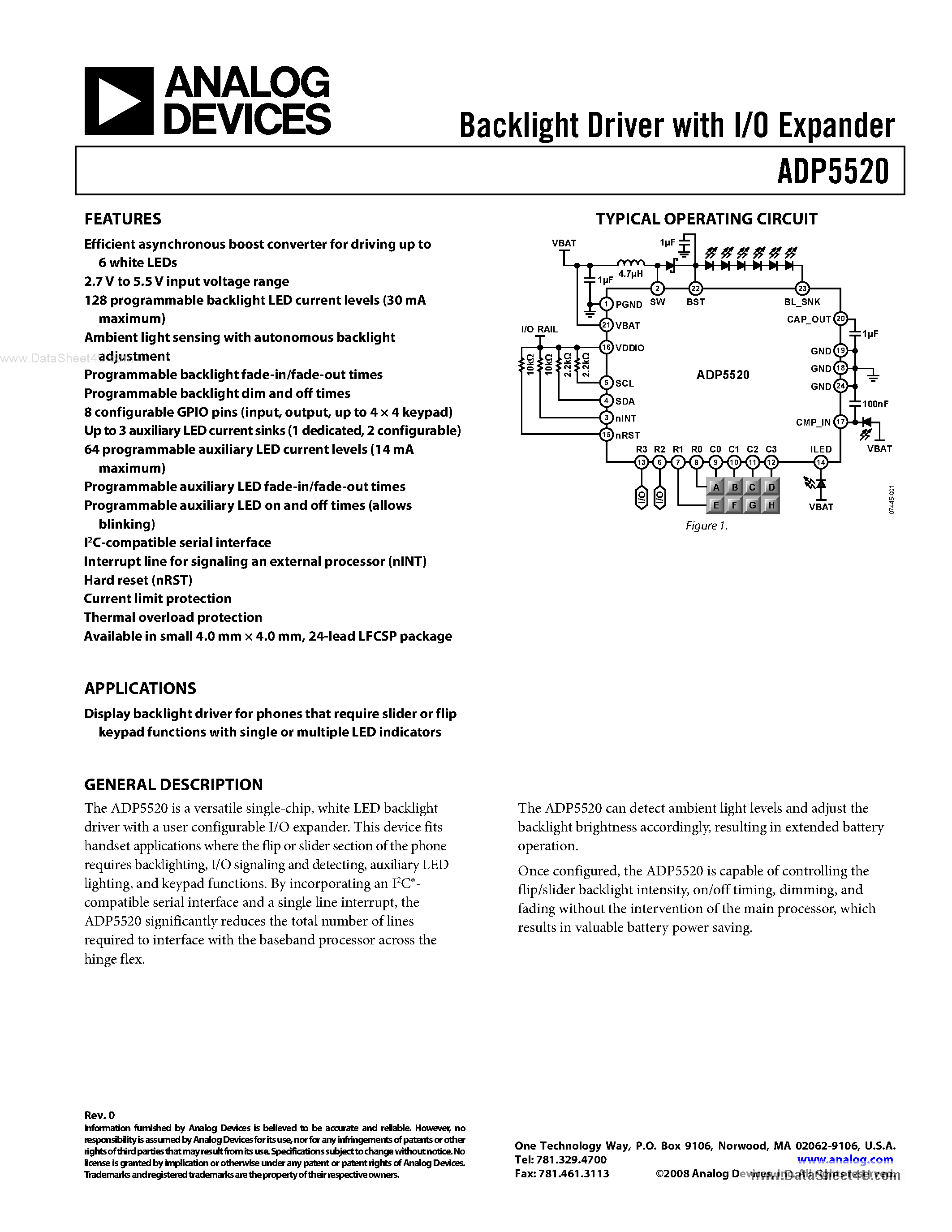 Datasheet ADP5520 - Backlight Driver page 1