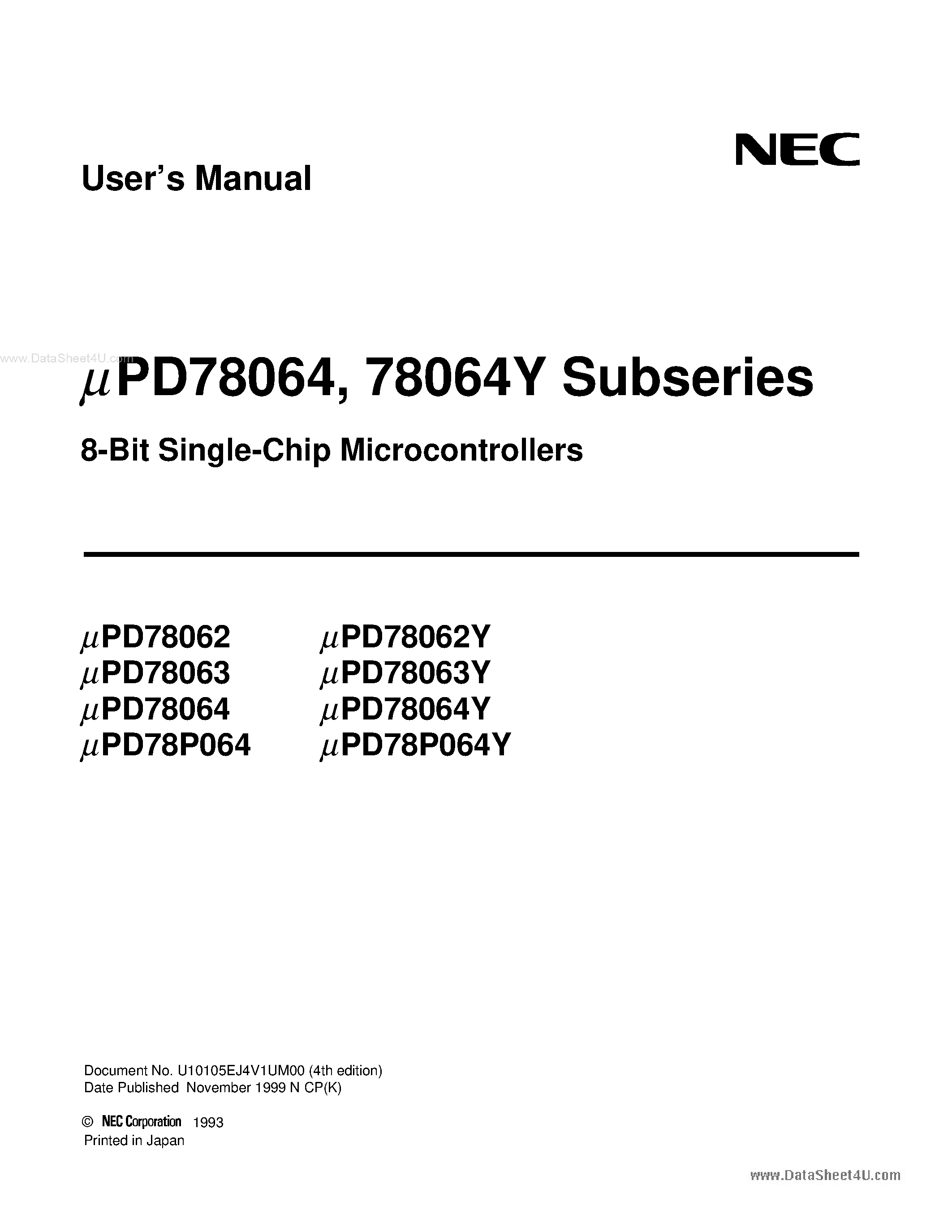 Даташит UPD78062 - (UPD78xxx) 8-Bit Single-Chip Microcontroller страница 1