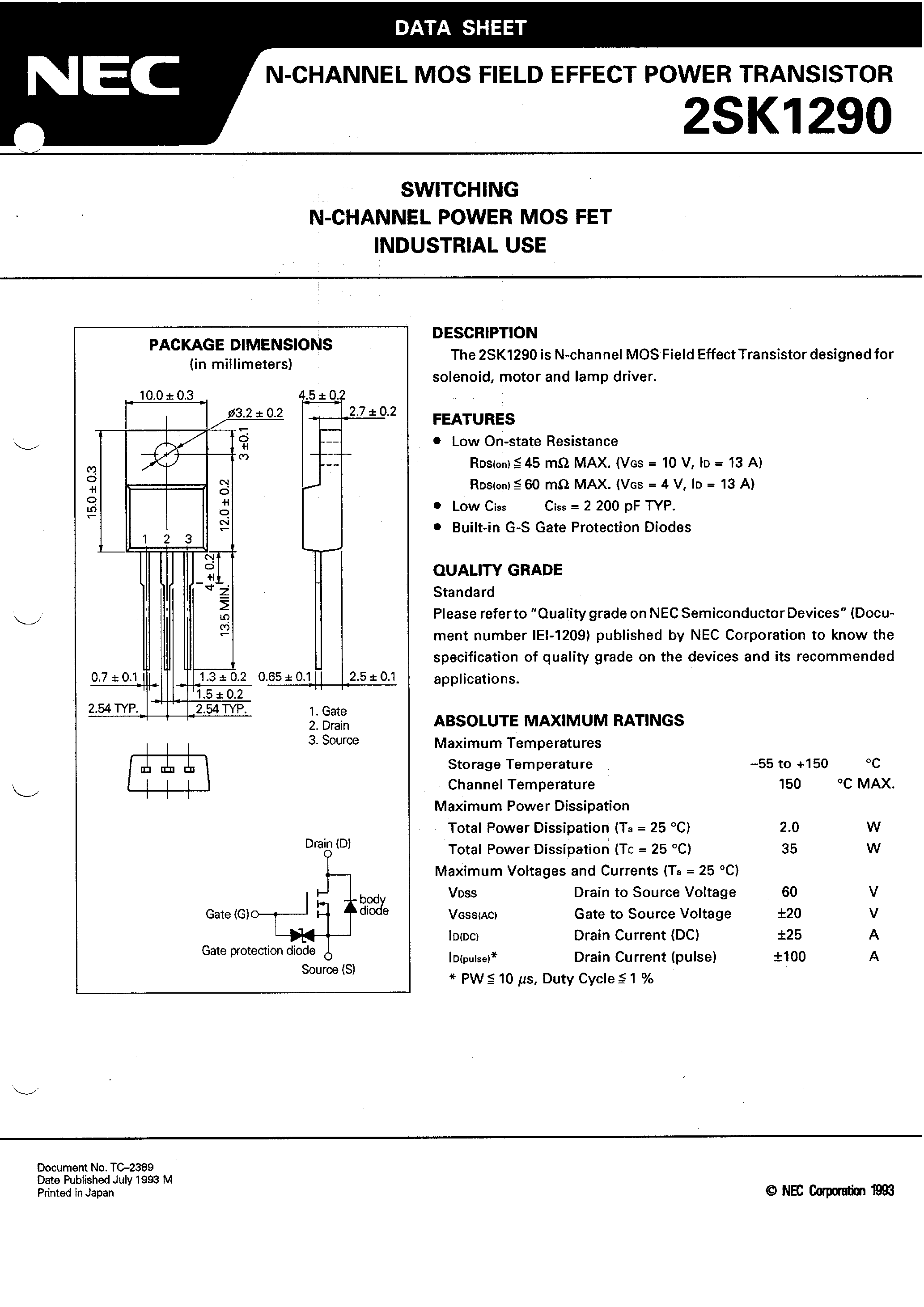 Datasheet 2SK1290 - SWITCHING N-CHANNEL POWER MOS FET INDUSTRIAL page 2