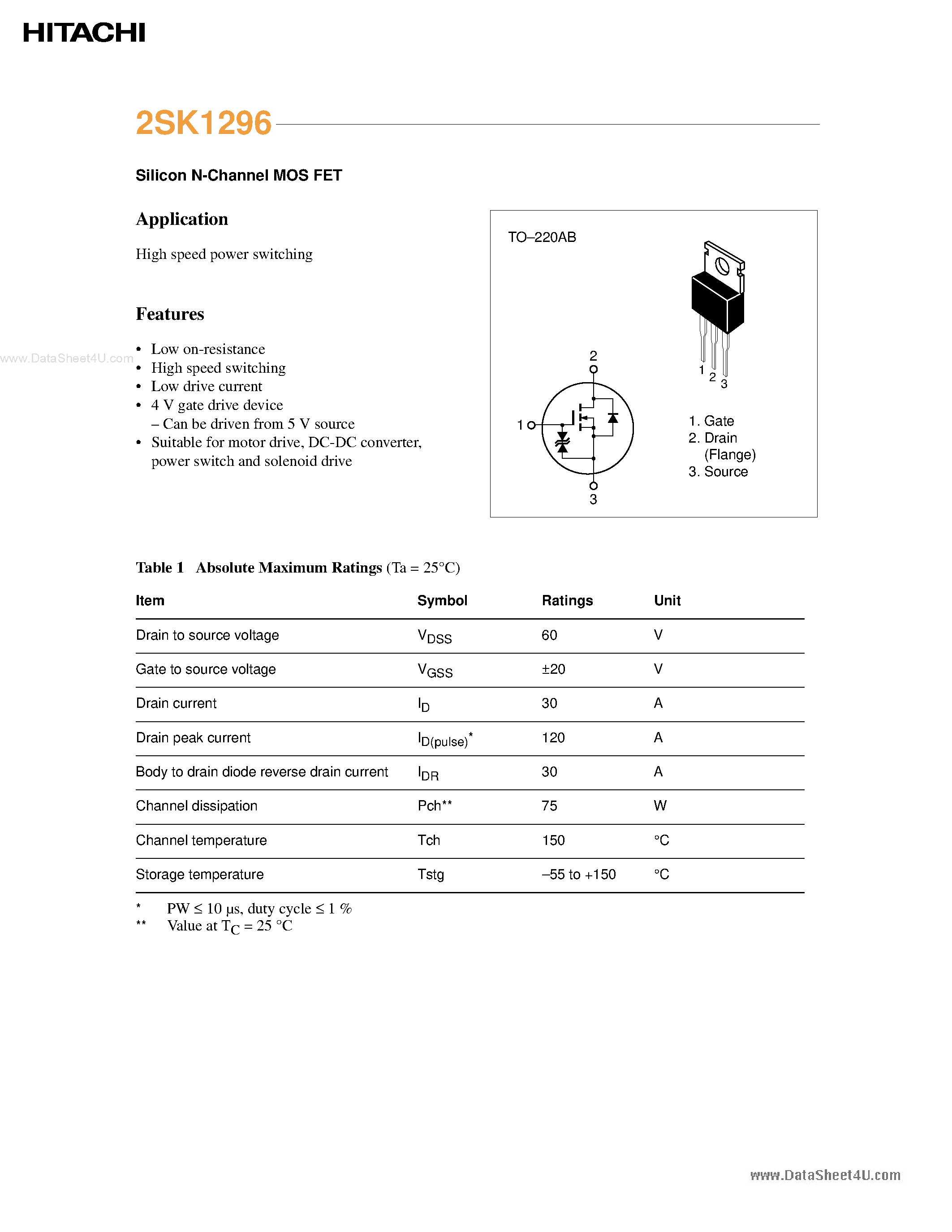 Datasheet 2SK1296 - Silicon N-Channel MOS FET page 1