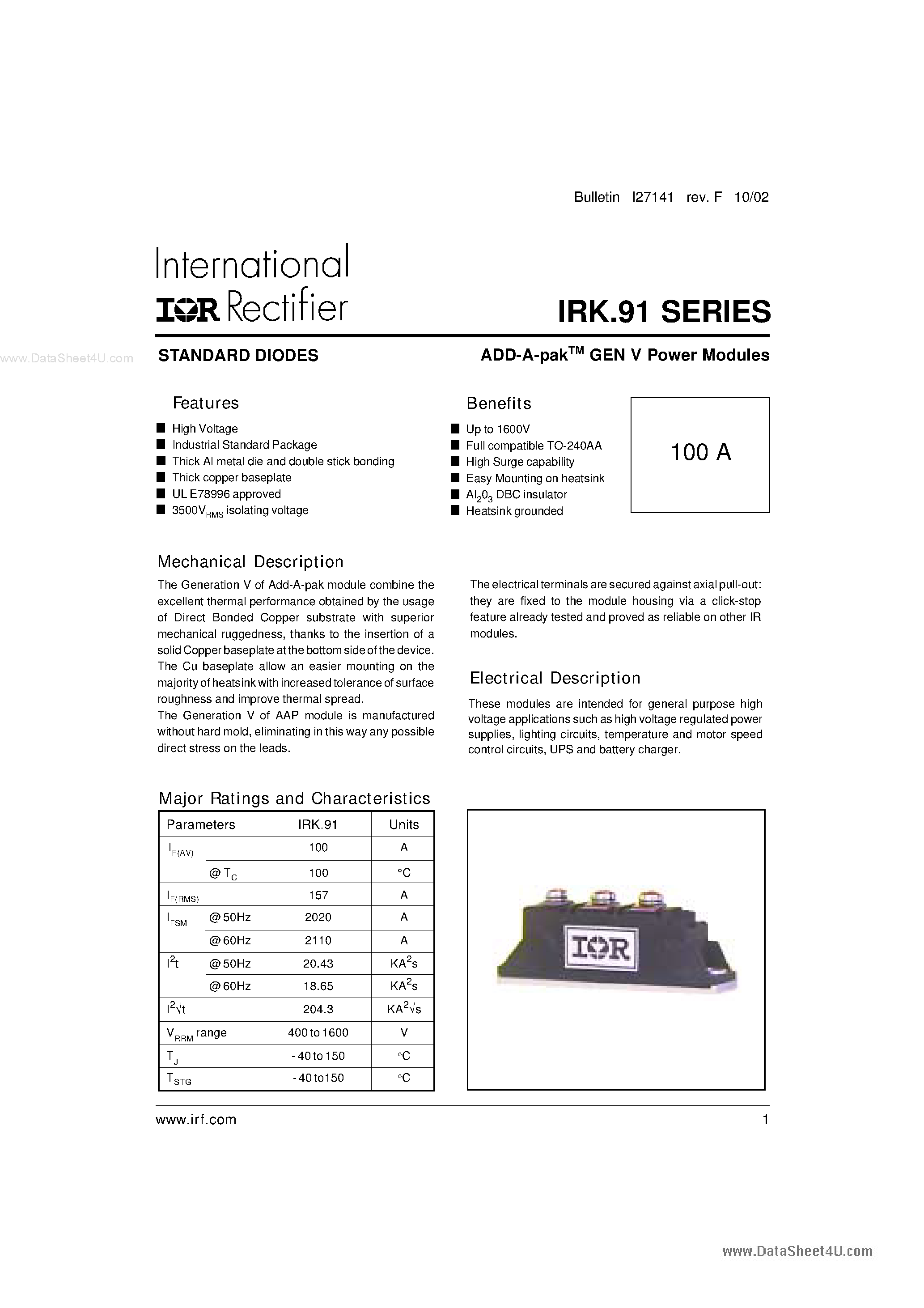 Datasheet IRKC91 - (IRKx91) ADD-A-pak GEN V Power Modules page 1