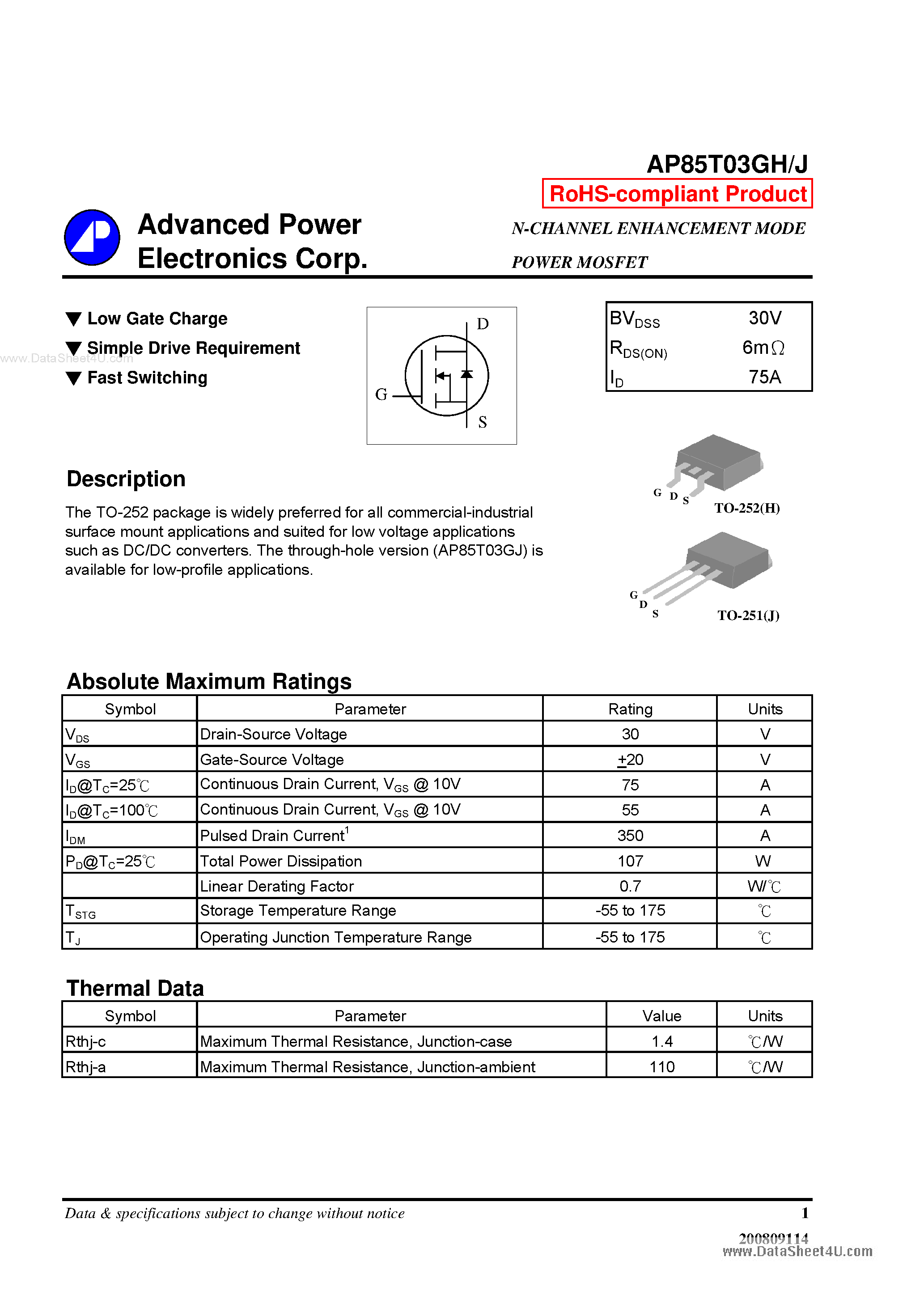 85T03GH Datasheet PDF – 30V, 75A, N-Ch, MOSFET