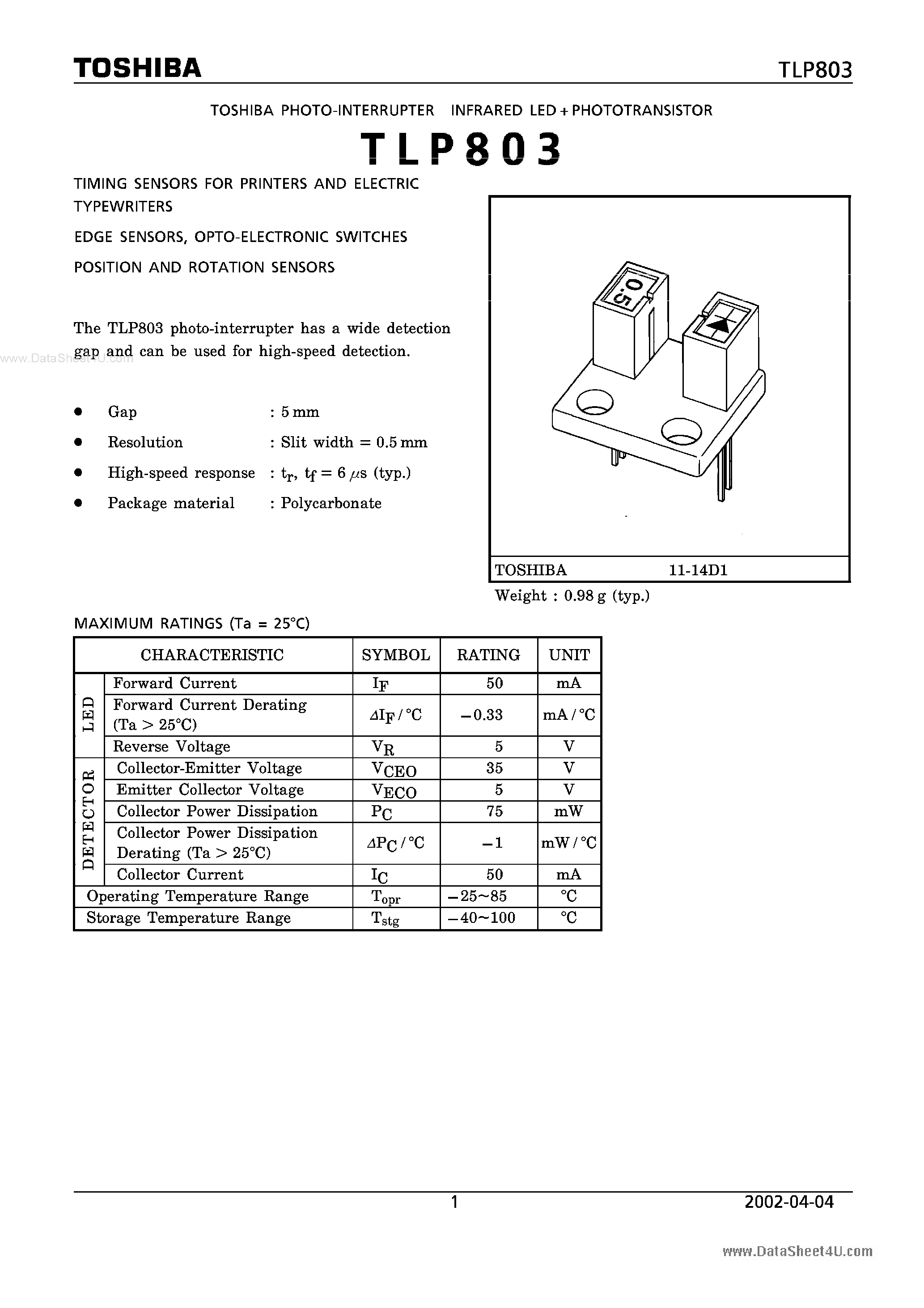 Даташит TLP803 - PHOTO INTERRUPTER INFRARED LED PHOTOTRANSISTOR страница 1