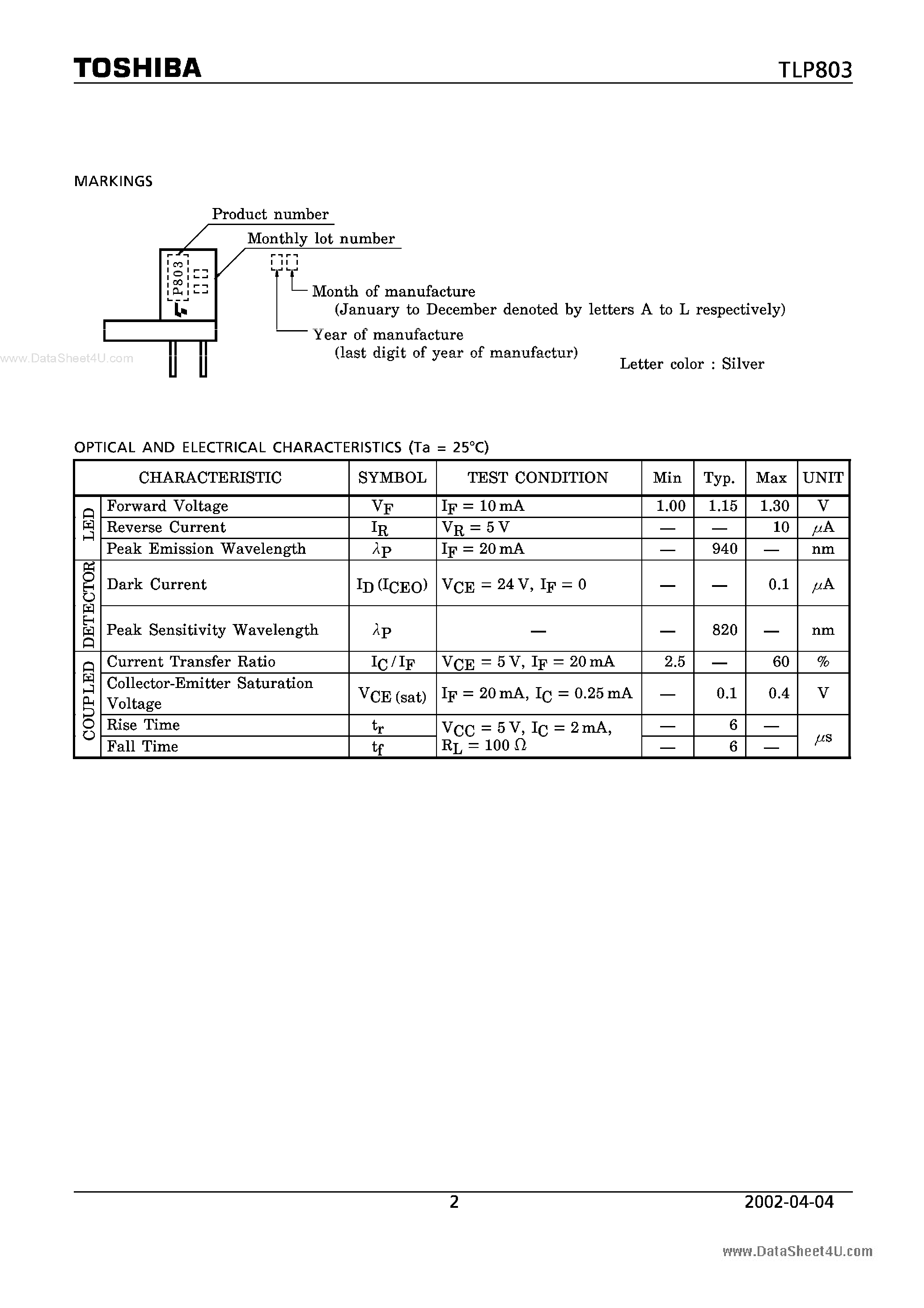 Даташит TLP803 - PHOTO INTERRUPTER INFRARED LED PHOTOTRANSISTOR страница 2