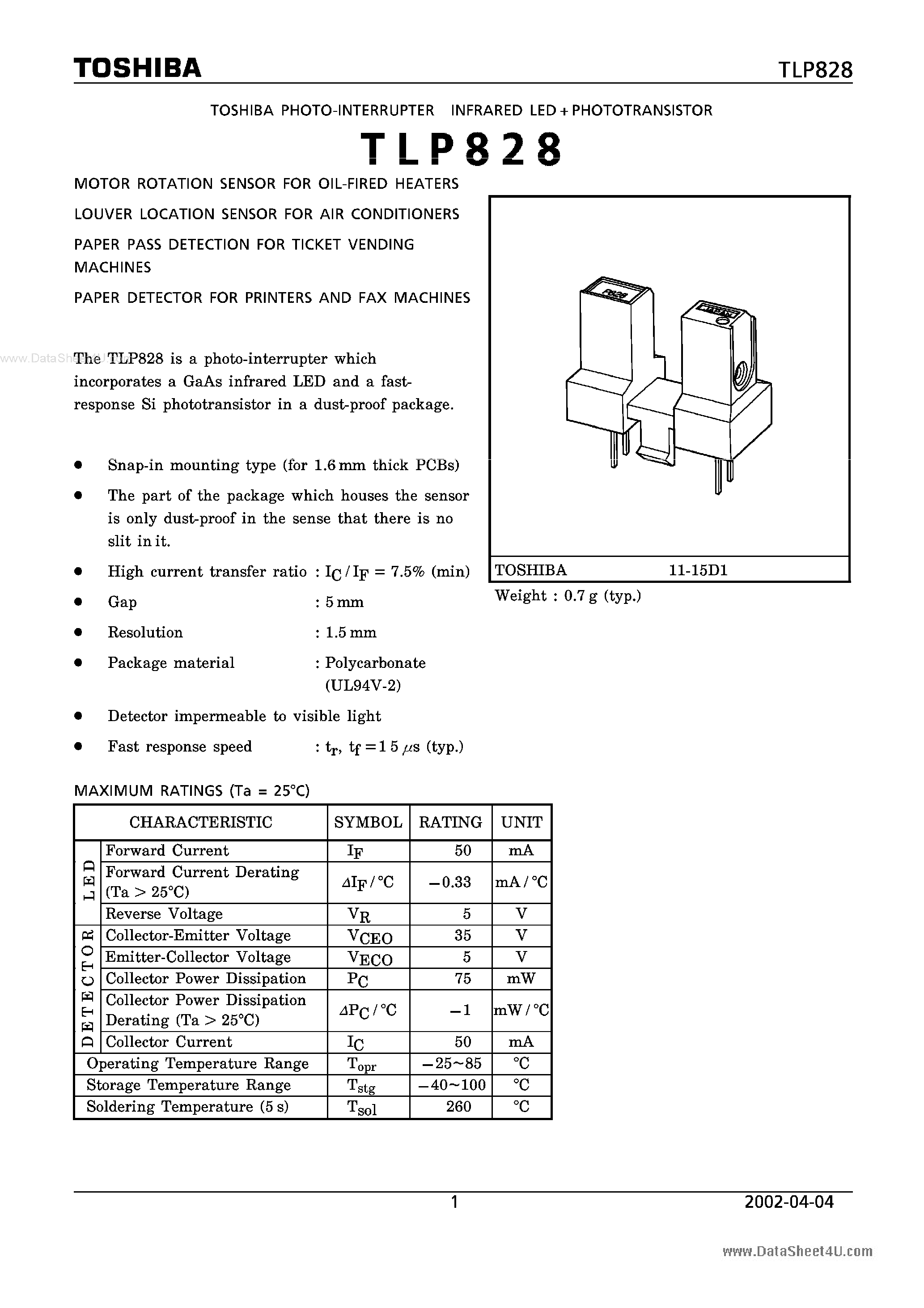 Даташит TLP828 - PHOTO INTERRUPTER INFRARED LED PHOTOTRANSISTOR страница 1