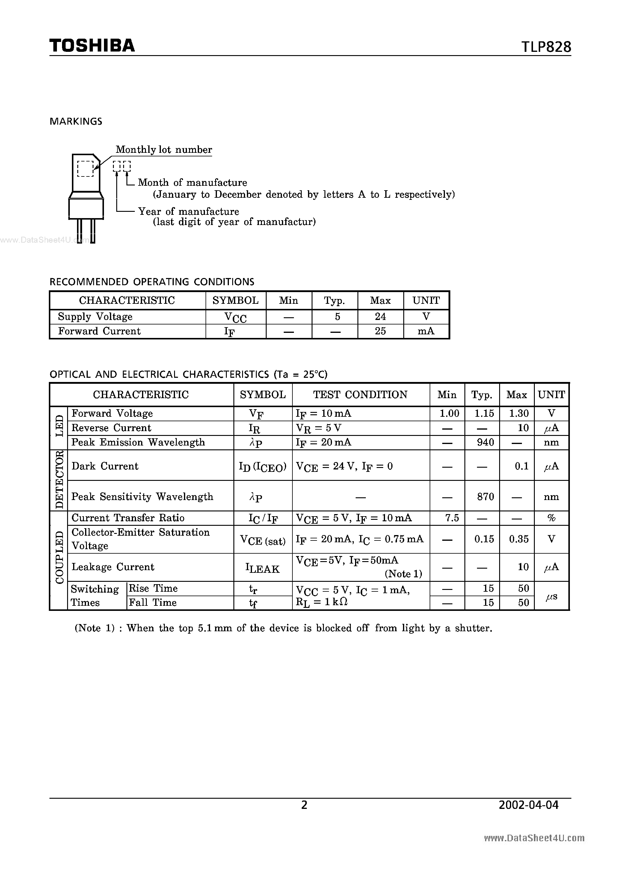 Даташит TLP828 - PHOTO INTERRUPTER INFRARED LED PHOTOTRANSISTOR страница 2