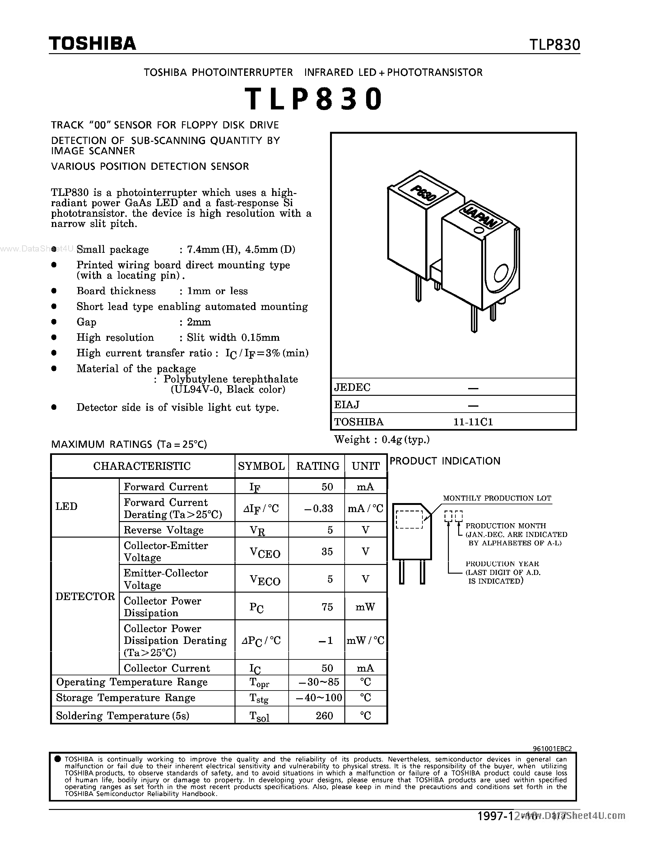 Даташит TLP830 - PHOTO INTERRUPTER INFRARED LED PHOTOTRANSISTOR страница 1