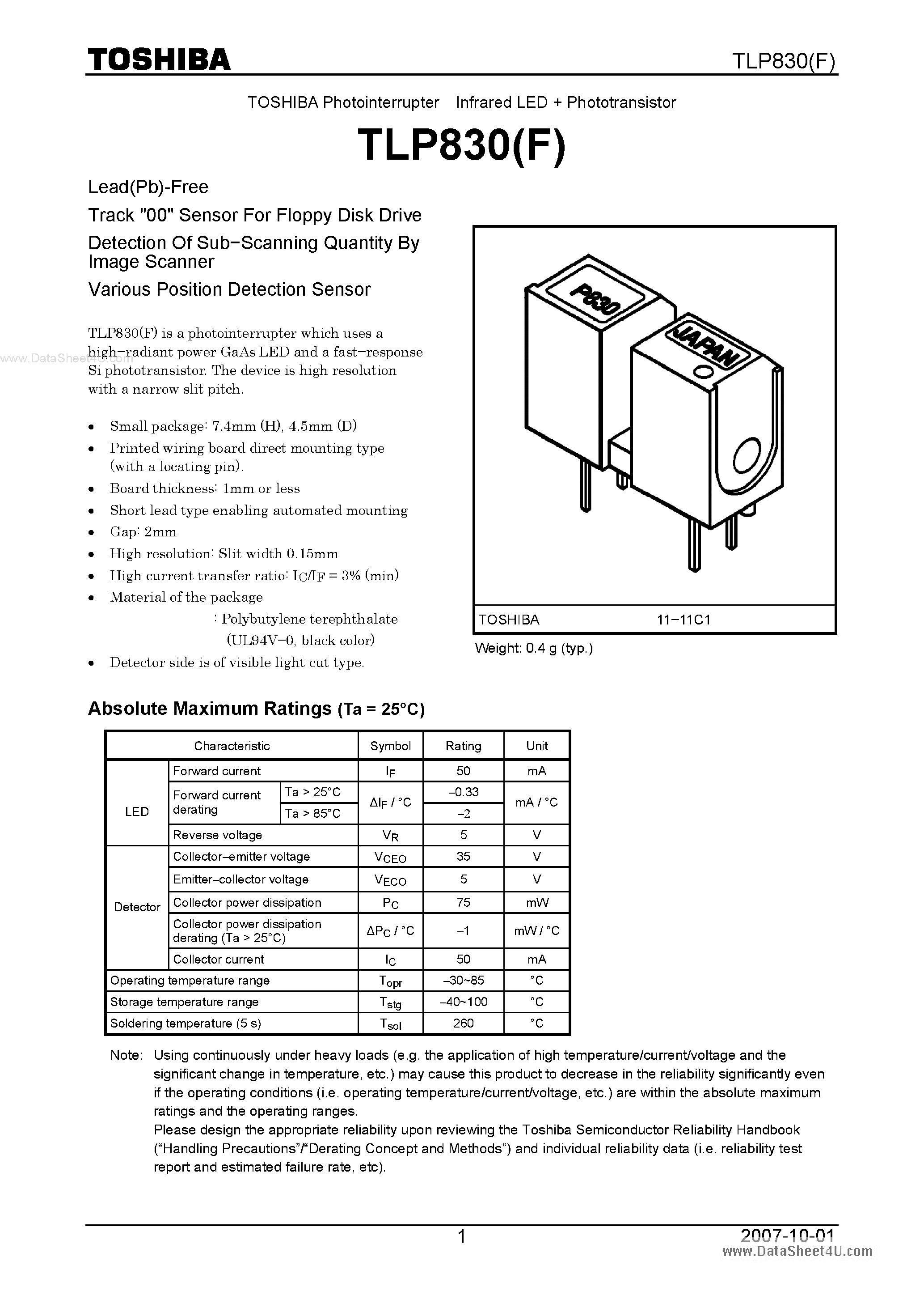 Даташит TLP830F - PHOTO INTERRUPTER INFRARED LED PHOTOTRANSISTOR страница 1