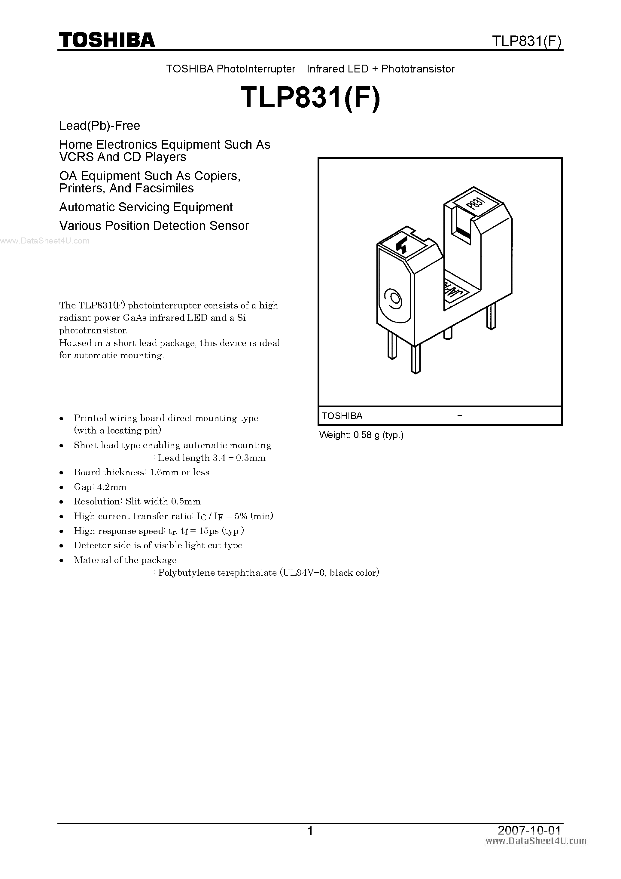 Даташит TLP831F - PHOTO INTERRUPTER INFRARED LED PHOTOTRANSISTOR страница 1