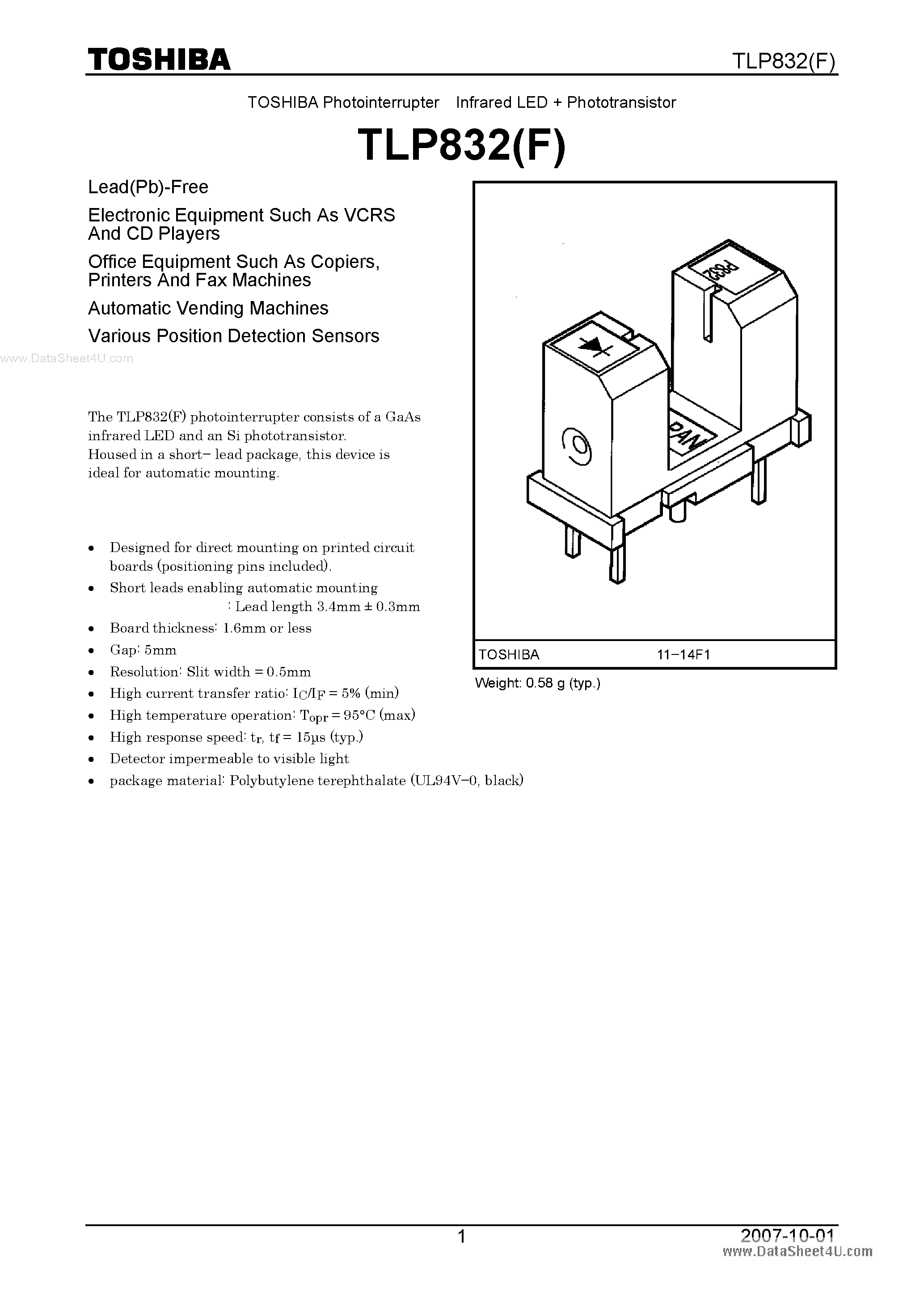 Даташит TLP832 - PHOTO INTERRUPTER INFRARED LED PHOTOTRANSISTOR страница 1