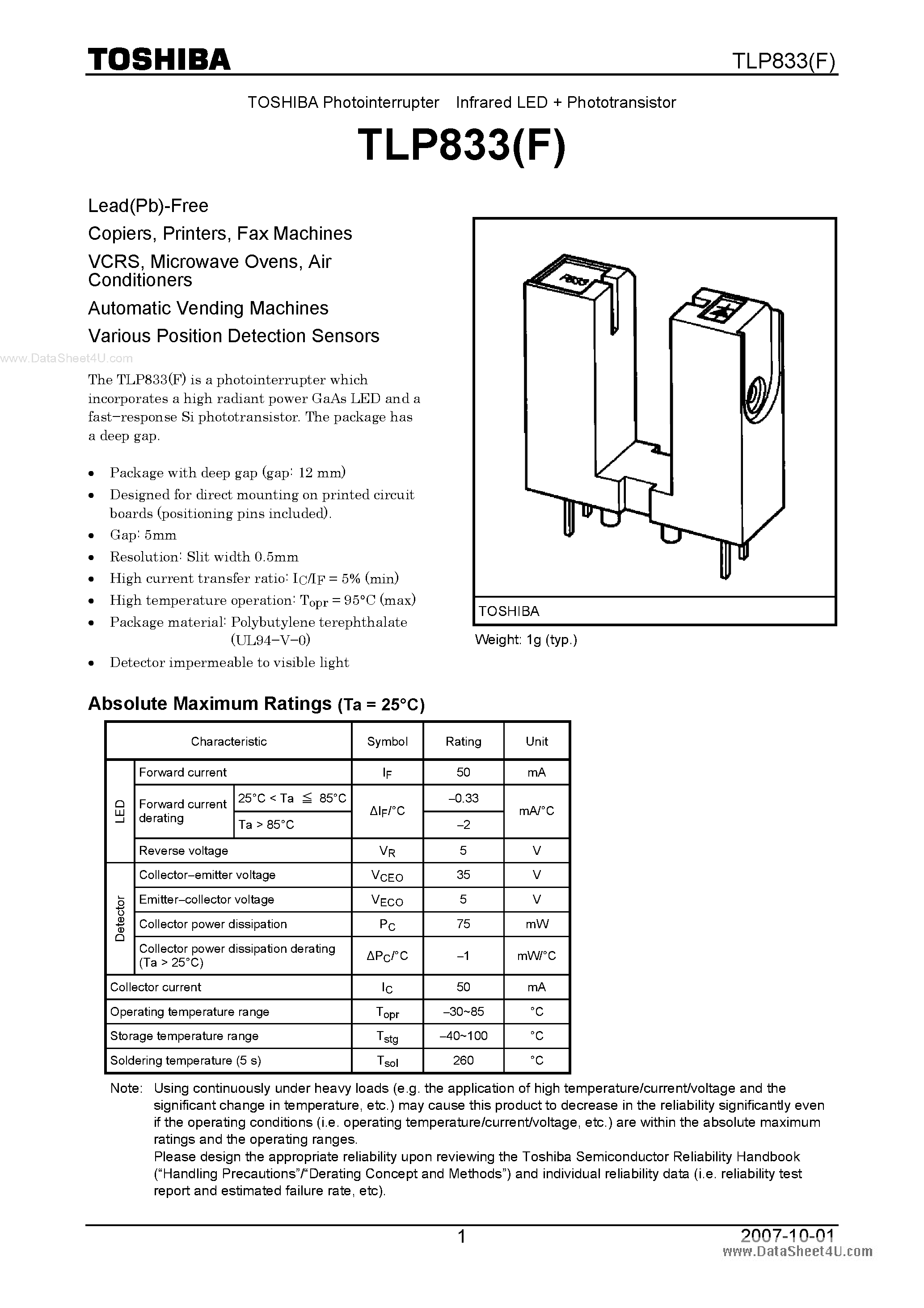 Даташит TLP833 - PHOTO INTERRUPTER INFRARED LED PHOTOTRANSISTOR страница 1