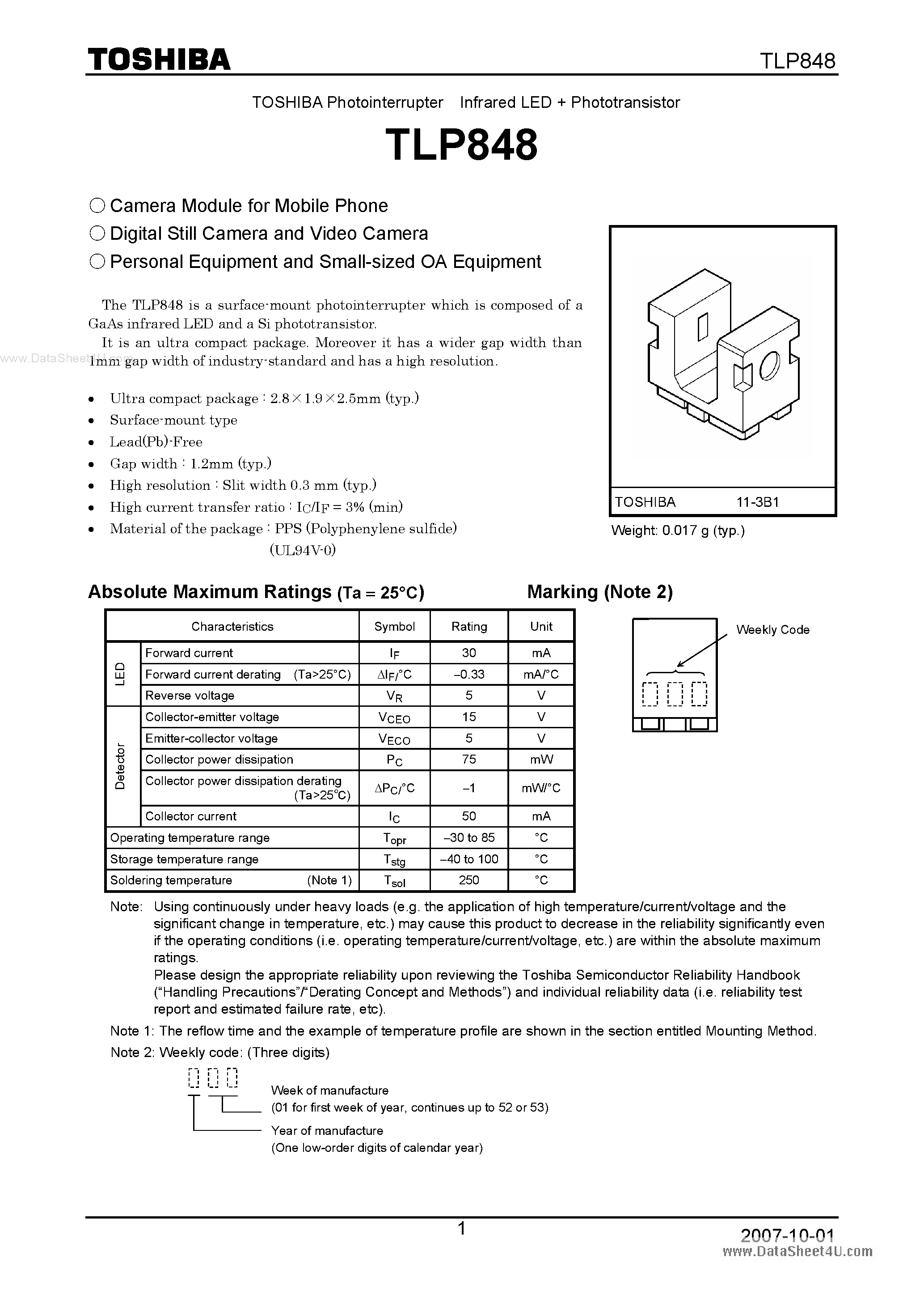 Даташит TLP848 - PHOTO INTERRUPTER INFRARED LED PHOTOTRANSISTOR страница 1