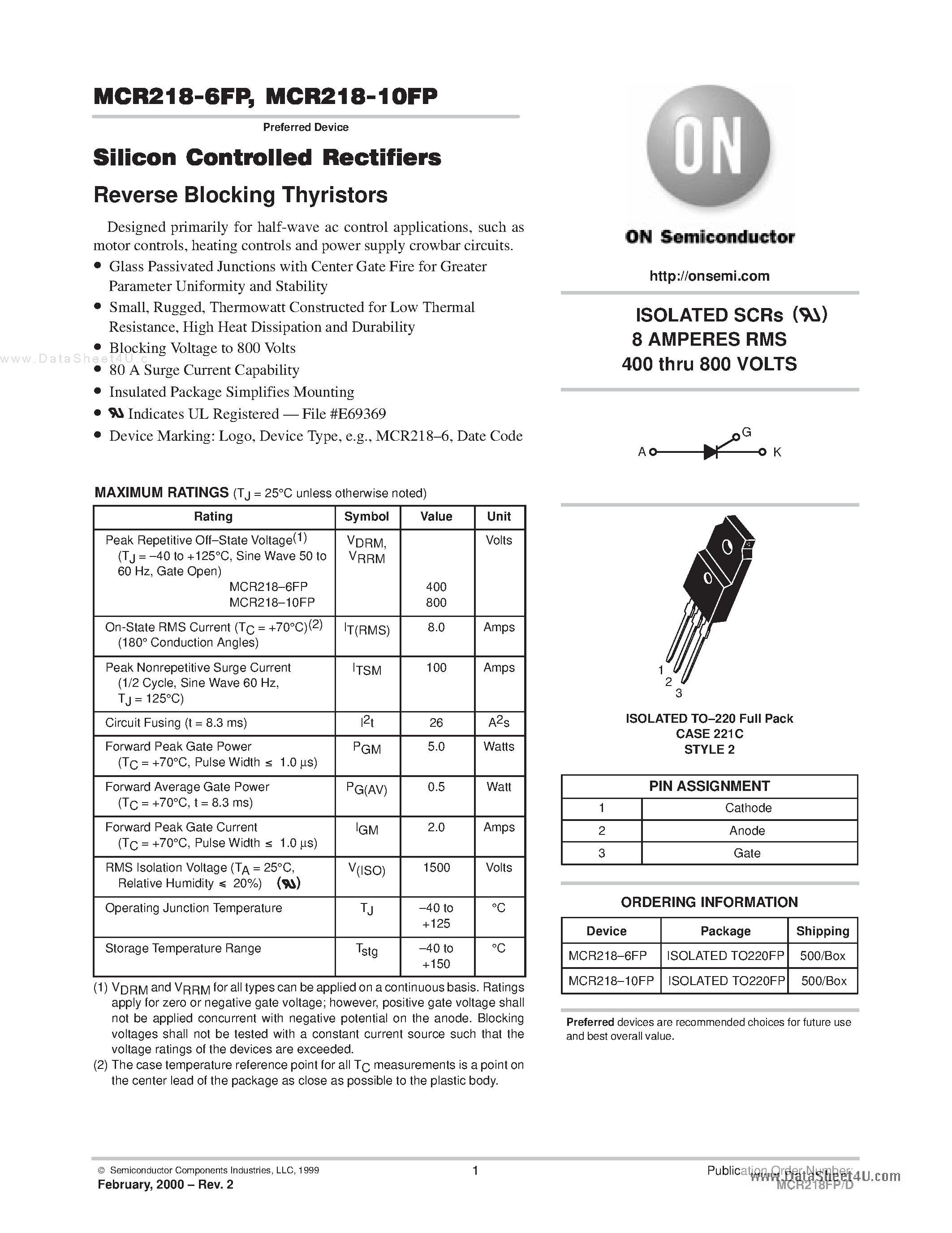 Даташит MCR218-10FP - Silicon Controlled Rectifier страница 1