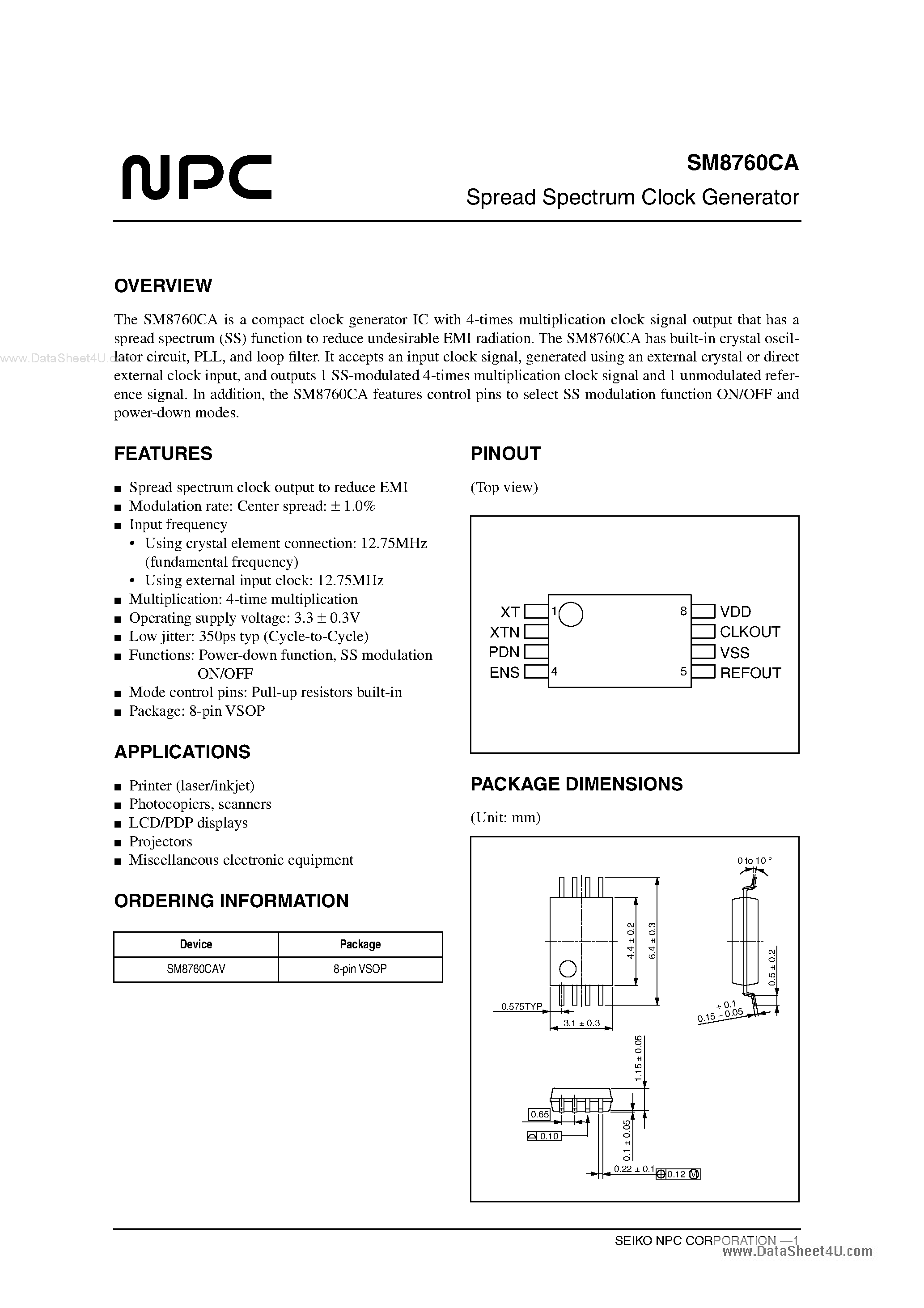 Datasheet SM8760CA - Spread Spectrum Clock Generator page 1