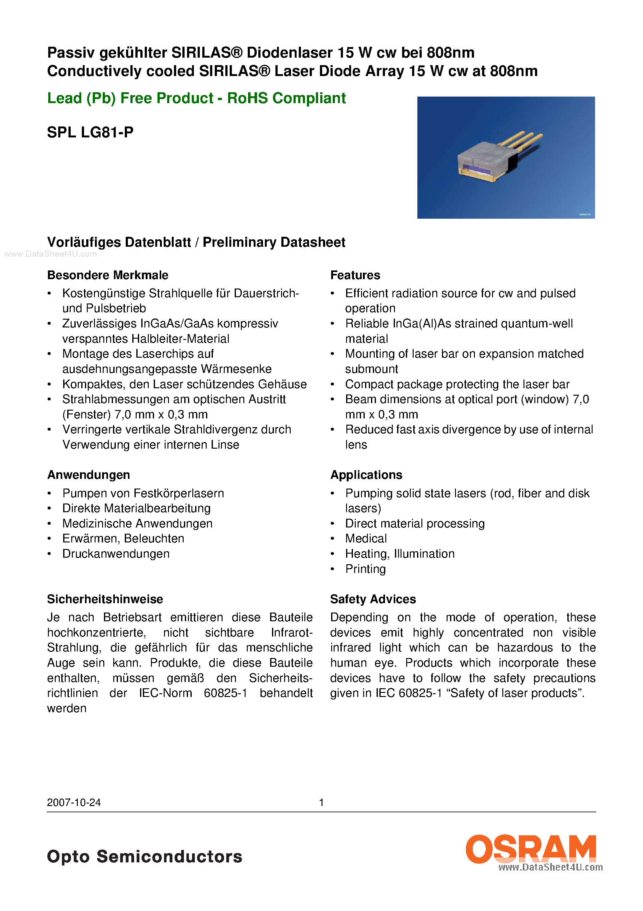 Даташит SPLLG81-P - Laser Diode страница 1