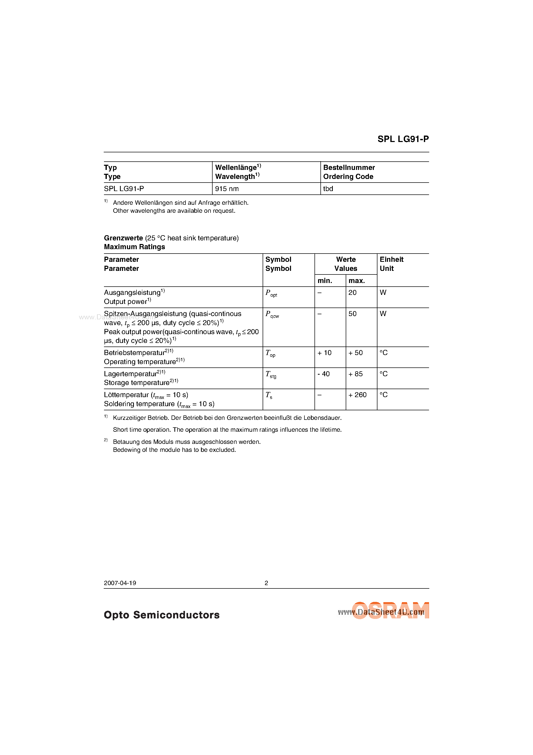 Даташит SPLLG91-P - Laser Diode страница 2