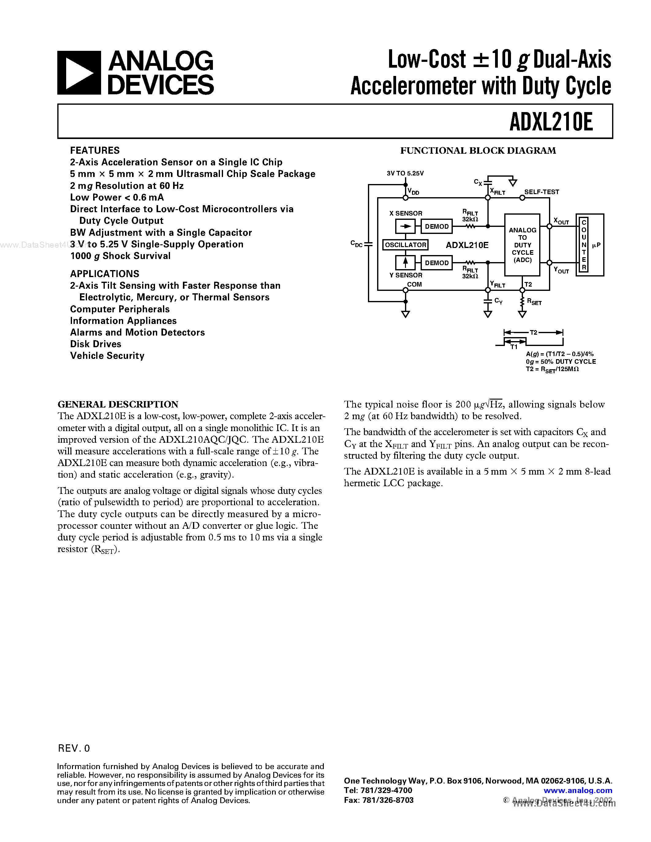 Даташит ADXL210E - Low-Cost 10 g Dual-Axis Accelerometer страница 1