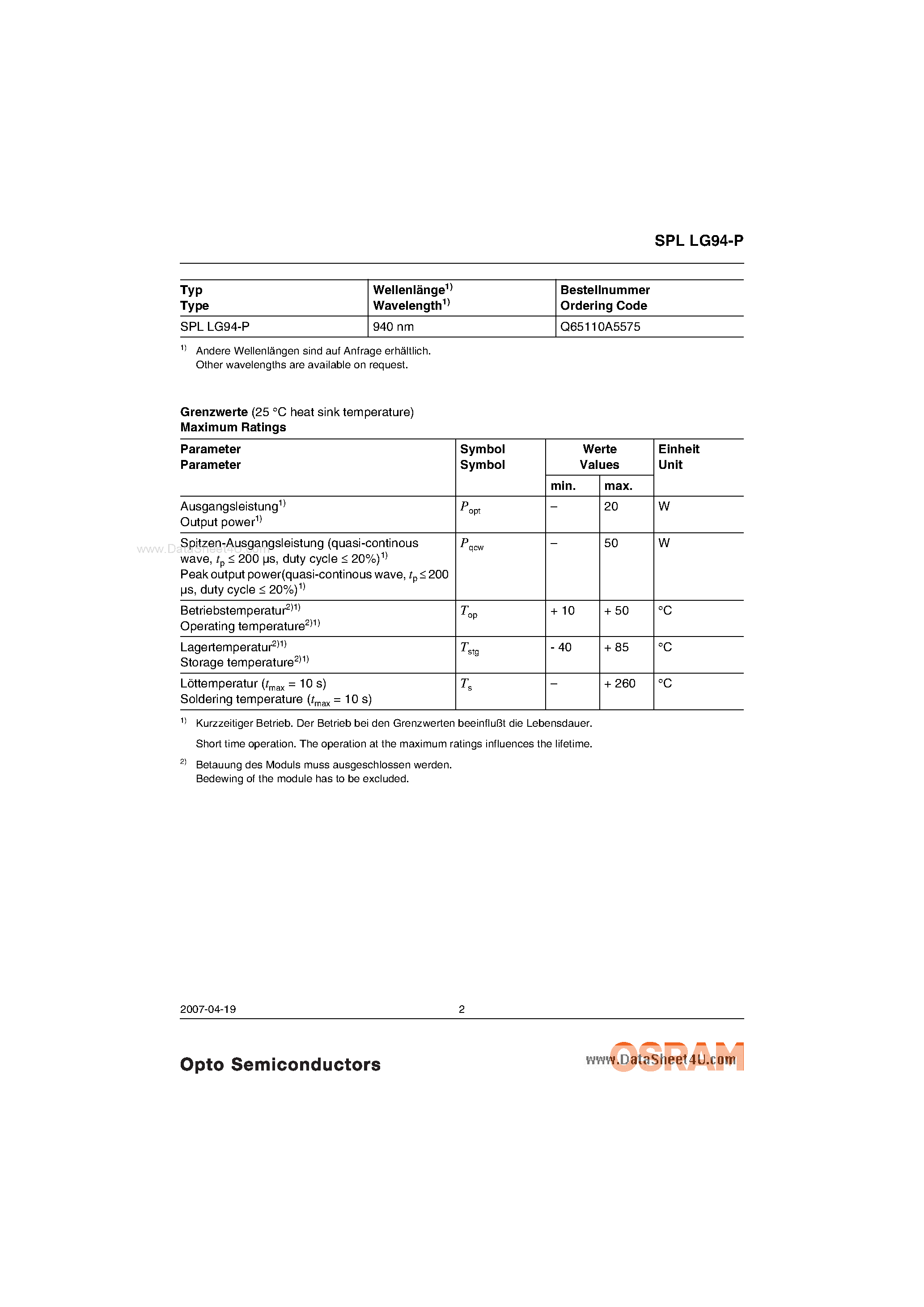 Даташит SPLLG94-P - Laser Diode страница 2