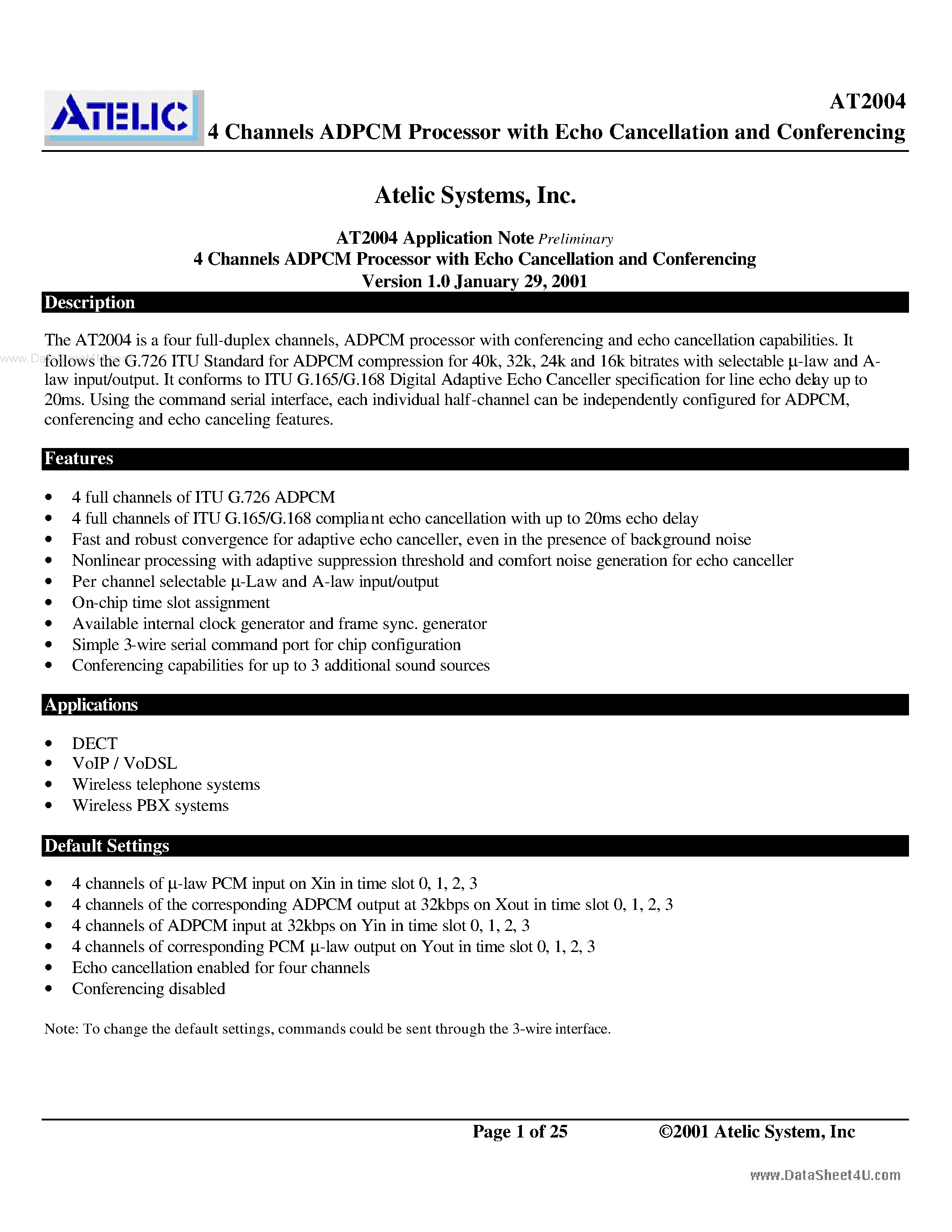 Datasheet AT2004 - 4 Channels ADPCM Processor page 1