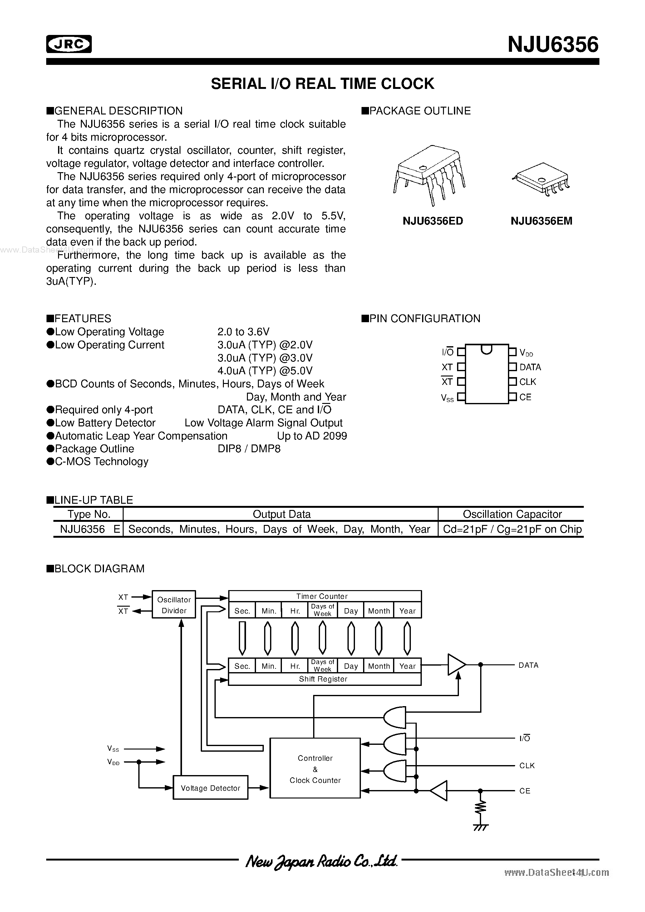 Datasheet NJU6356 - SERIAL I/O REAL TIME CLOCK page 1