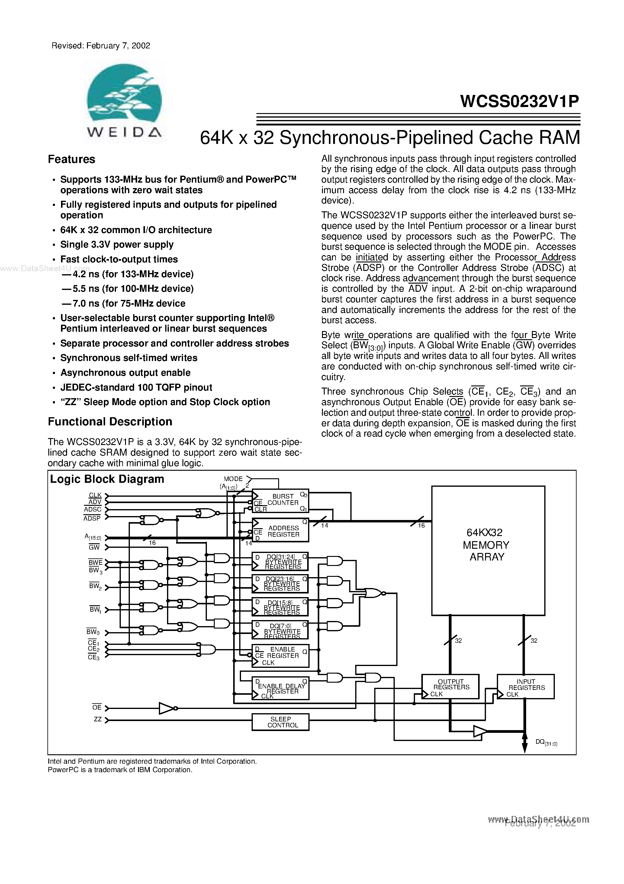 Datasheet WCSS0232V1P - 64K x 32 Synchronous-Pipelined Cache RAM page 1