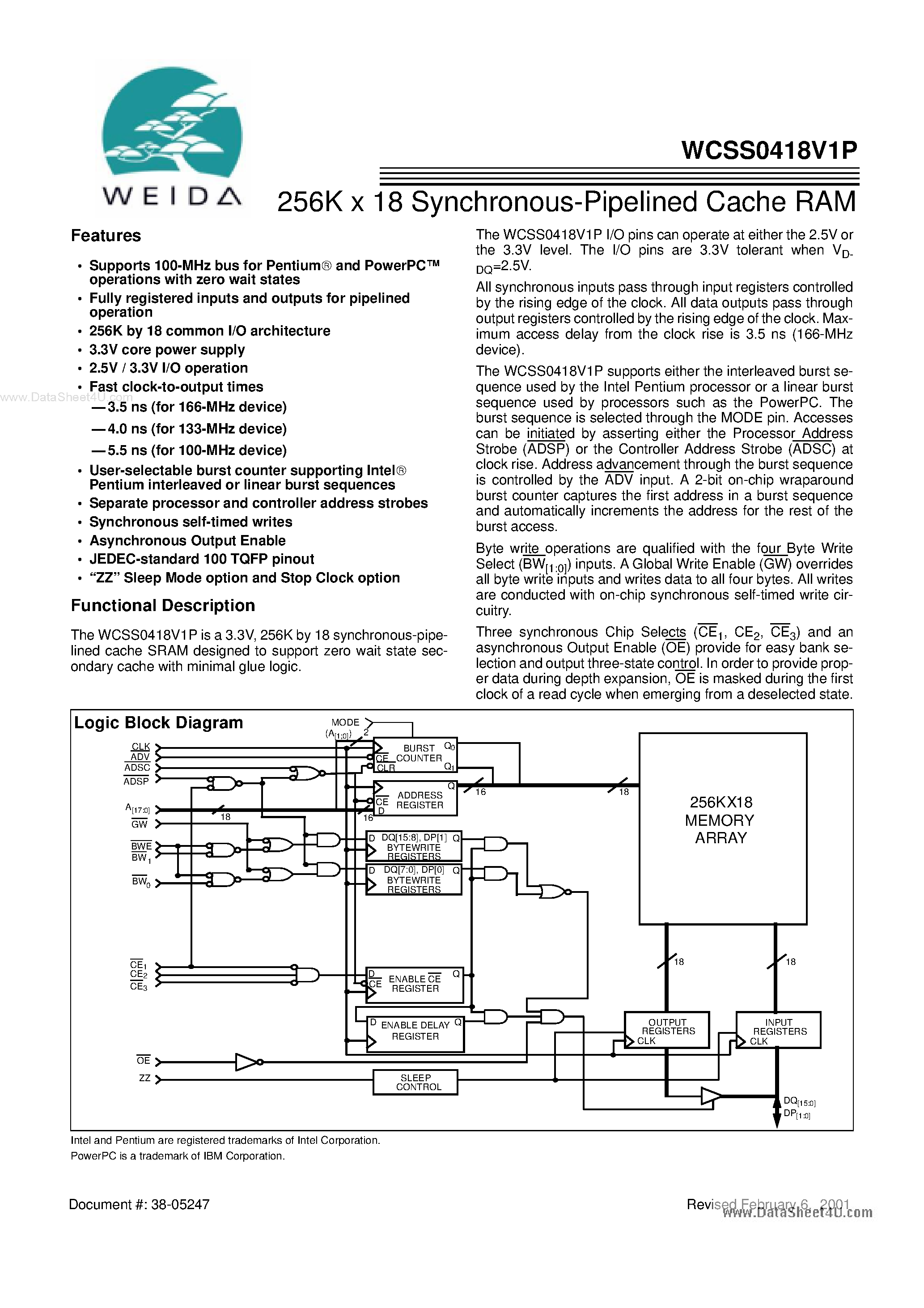 Datasheet WCSS0418V1P - 256K x 18 Synchronous-Pipelined Cache RAM page 1