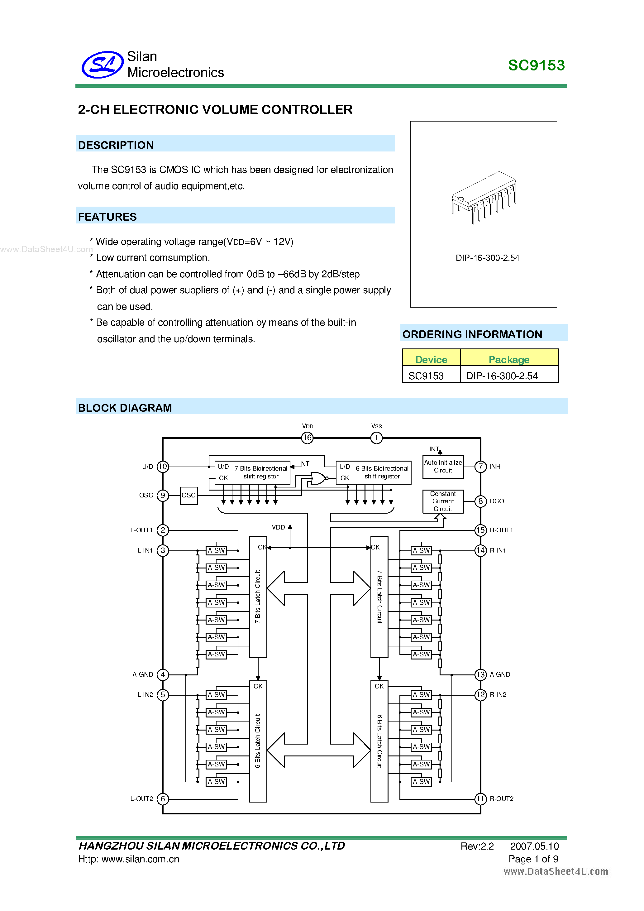 Даташит SC9153 - 2-Channel Electronic Volume Controller страница 1